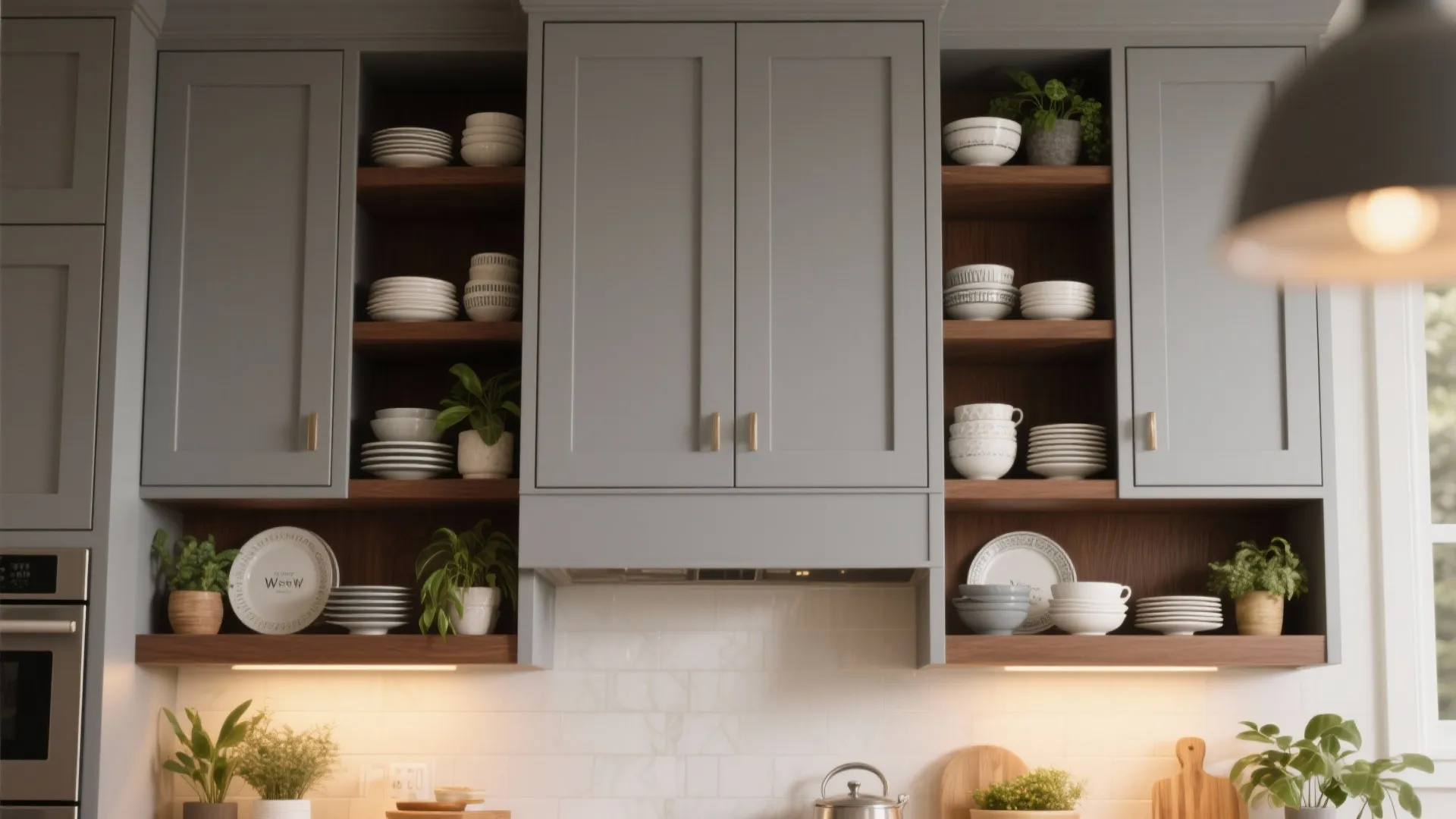 4. Gray Shaker Uppers + Rich Brown Open Shelving