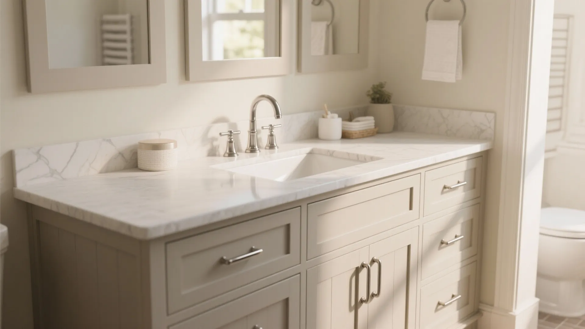 2. Shaker-Style Vanity with Modern Hardware