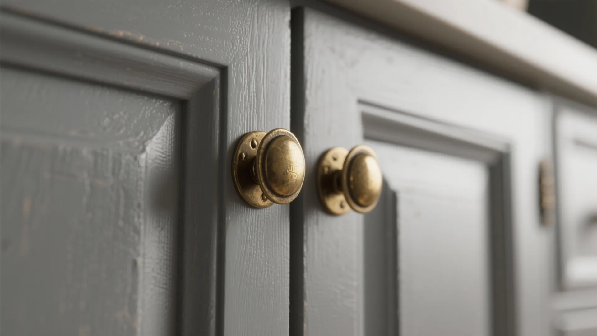 4. Shaker-style gray doors with vintage gold cup pulls