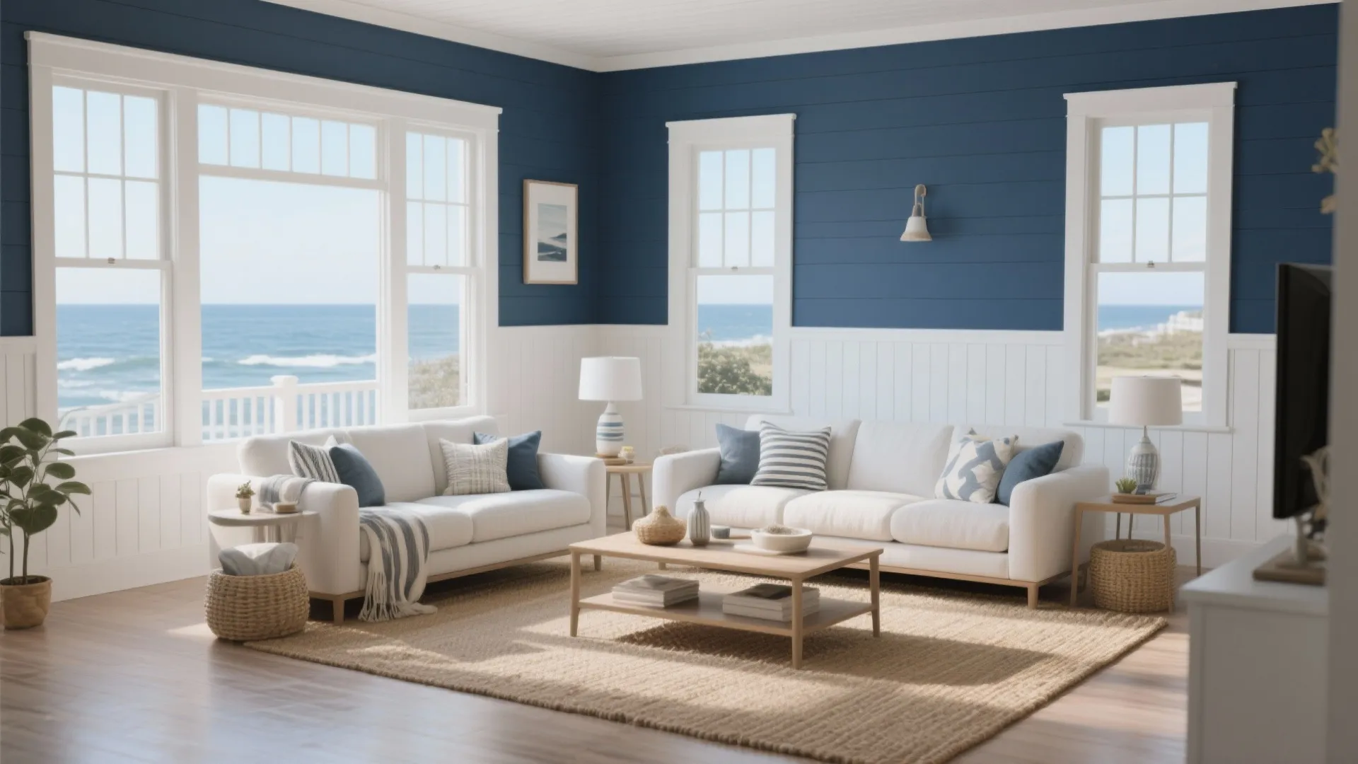 Beach house living room with white Shaker wainscoting and navy walls