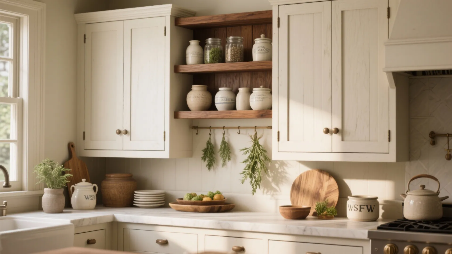 1. Antique White Shaker Cabinets with Warm Wood Accents