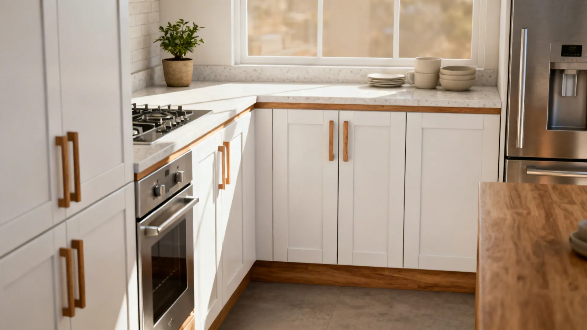 Minimalist white shaker kitchen cupboards with warm oak handles in a compact space.