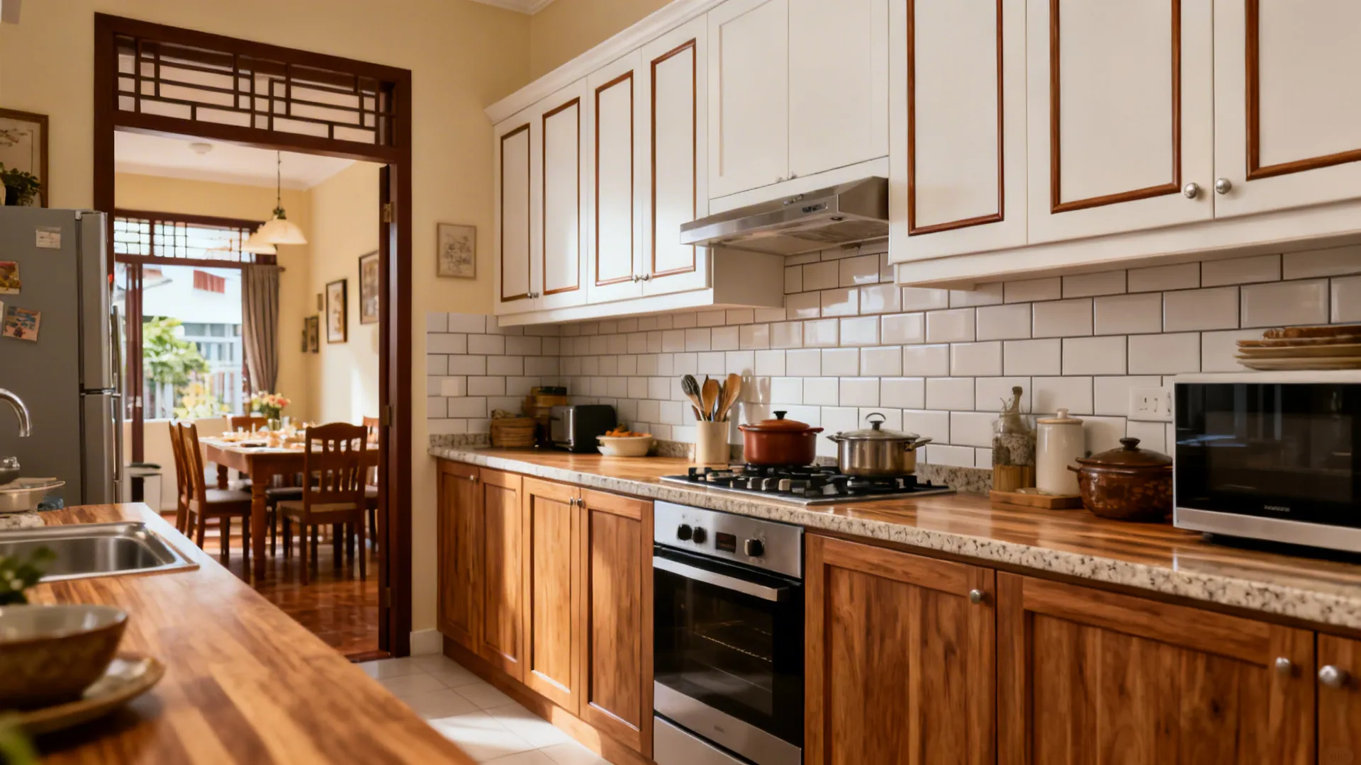 Shaker kitchen with off-white uppers and rubberwood-tone bases in a terrace home.