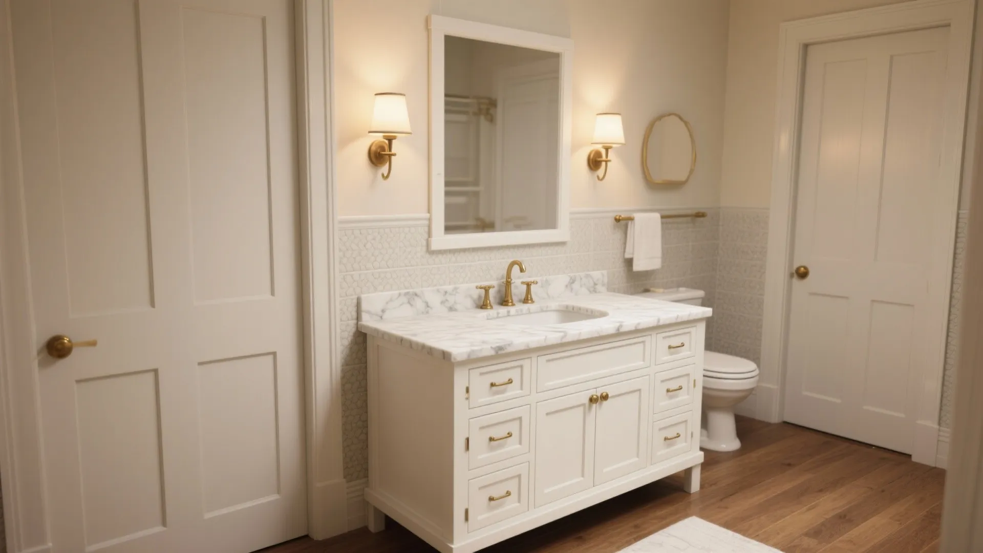 2. Shaker-style white vanity with brass hardware
