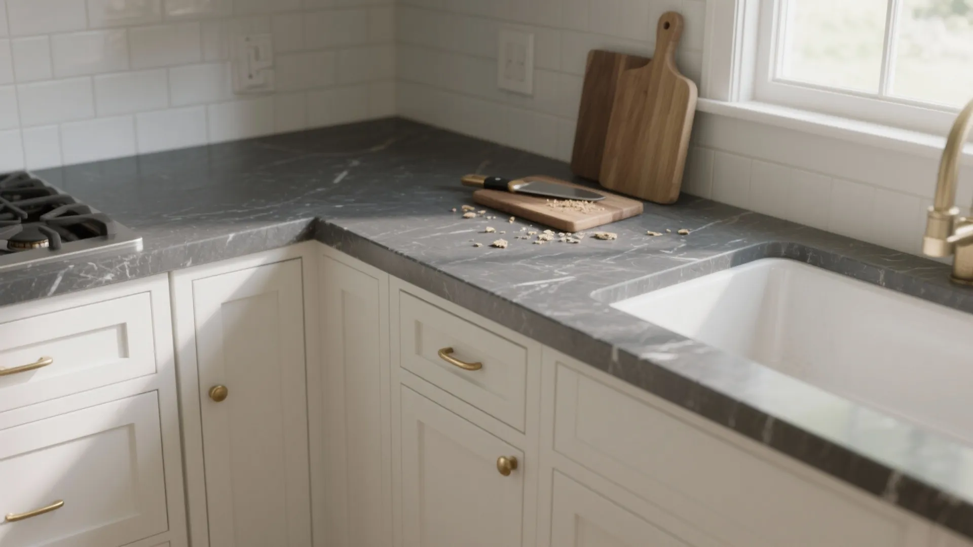 1. Shaker-style white cabinets with contrasting countertop