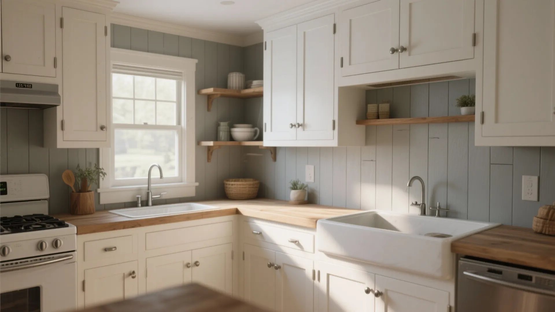 Farmhouse kitchen with white cabinets wooden countertops blue wall panel two sinks and wooden shelves