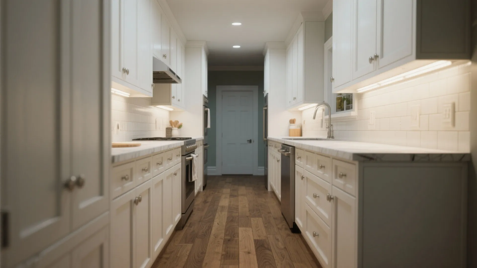 2. White shaker cabinets + wide-plank floors