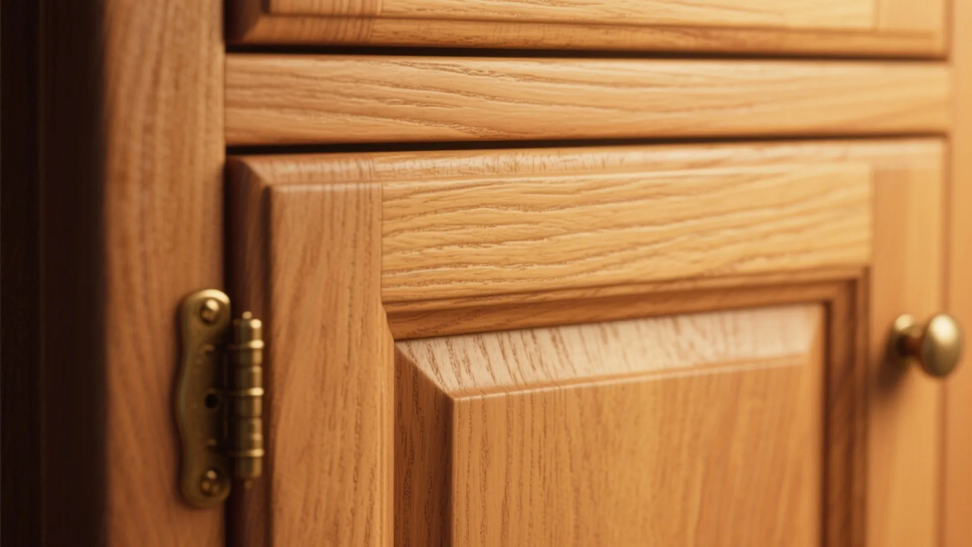 Close-up of a shaker-style solid wood cabinet door with brass hinge