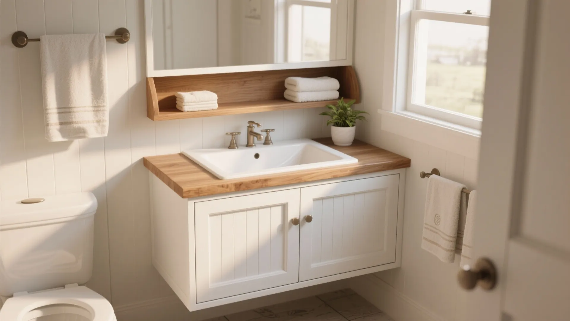 2. Shaker-style white cabinets with warm wood accents