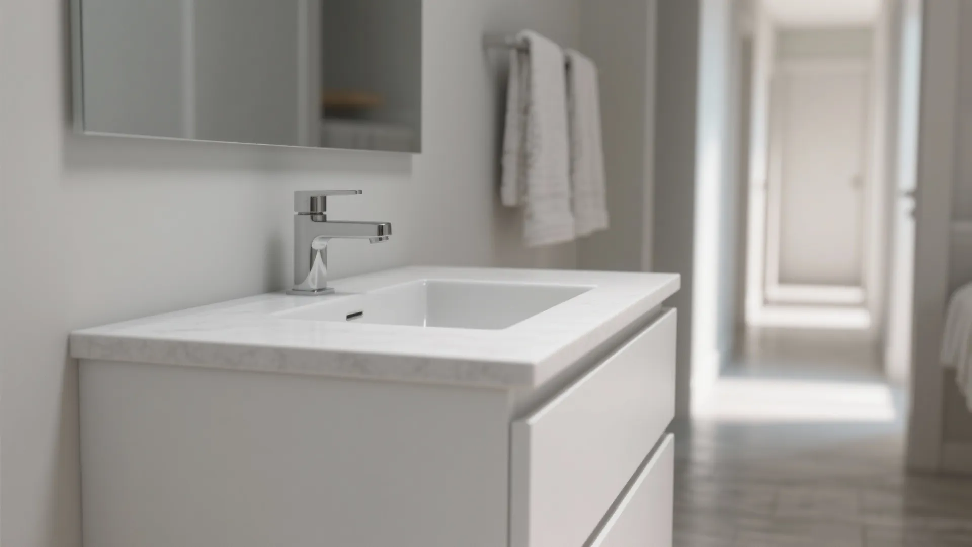2. Shallow-depth 36 in white vanity with integrated sink
