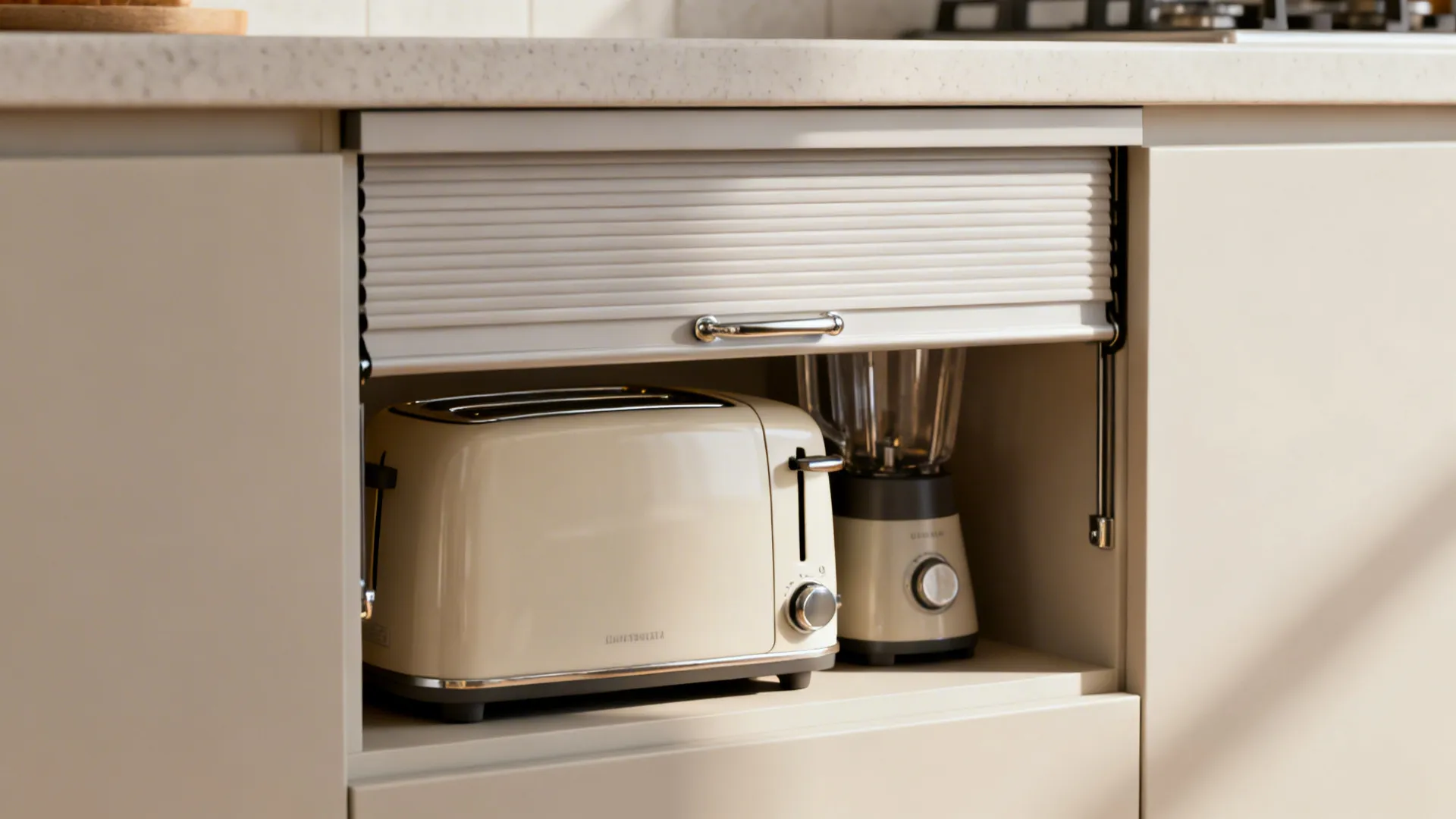 Shallow appliance garage with tambour door storing small appliances compactly on the countertop.