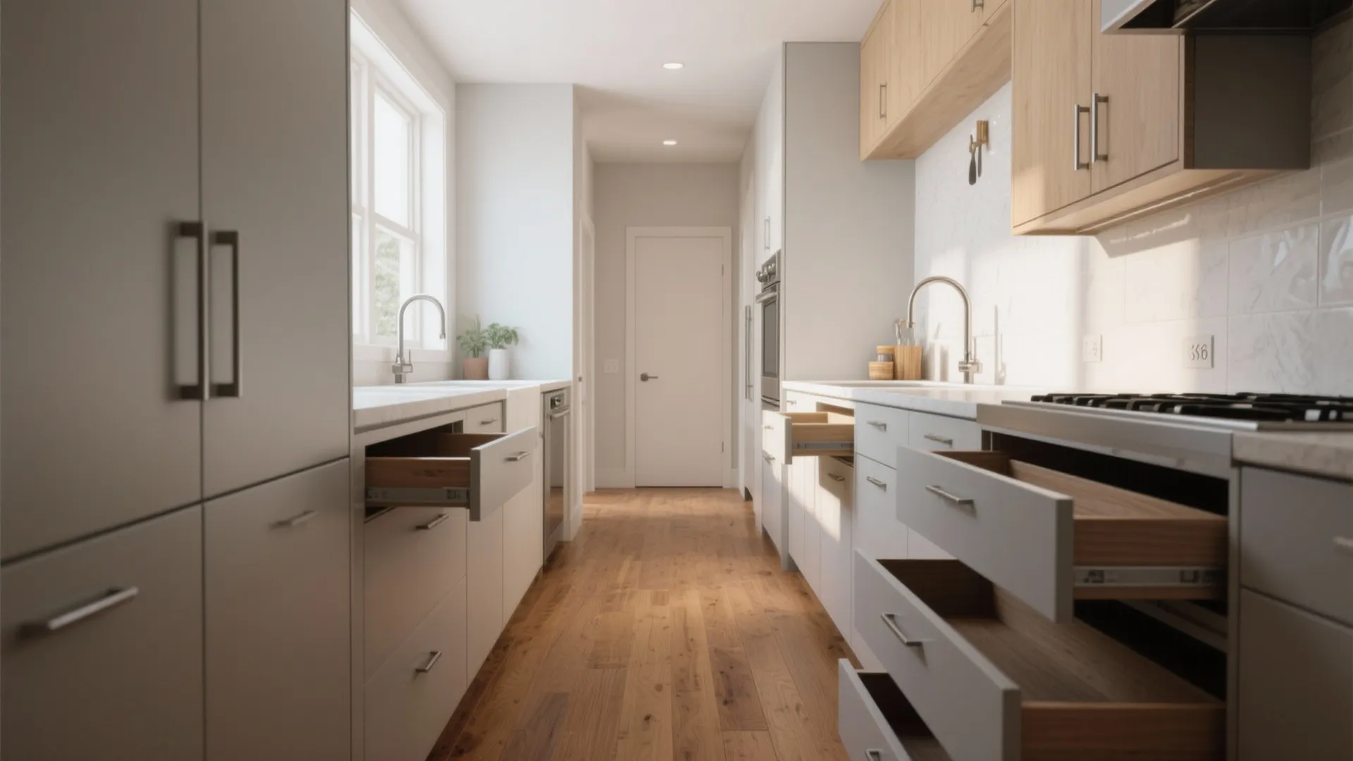 2. Shallow base cabinets for narrow galley kitchens