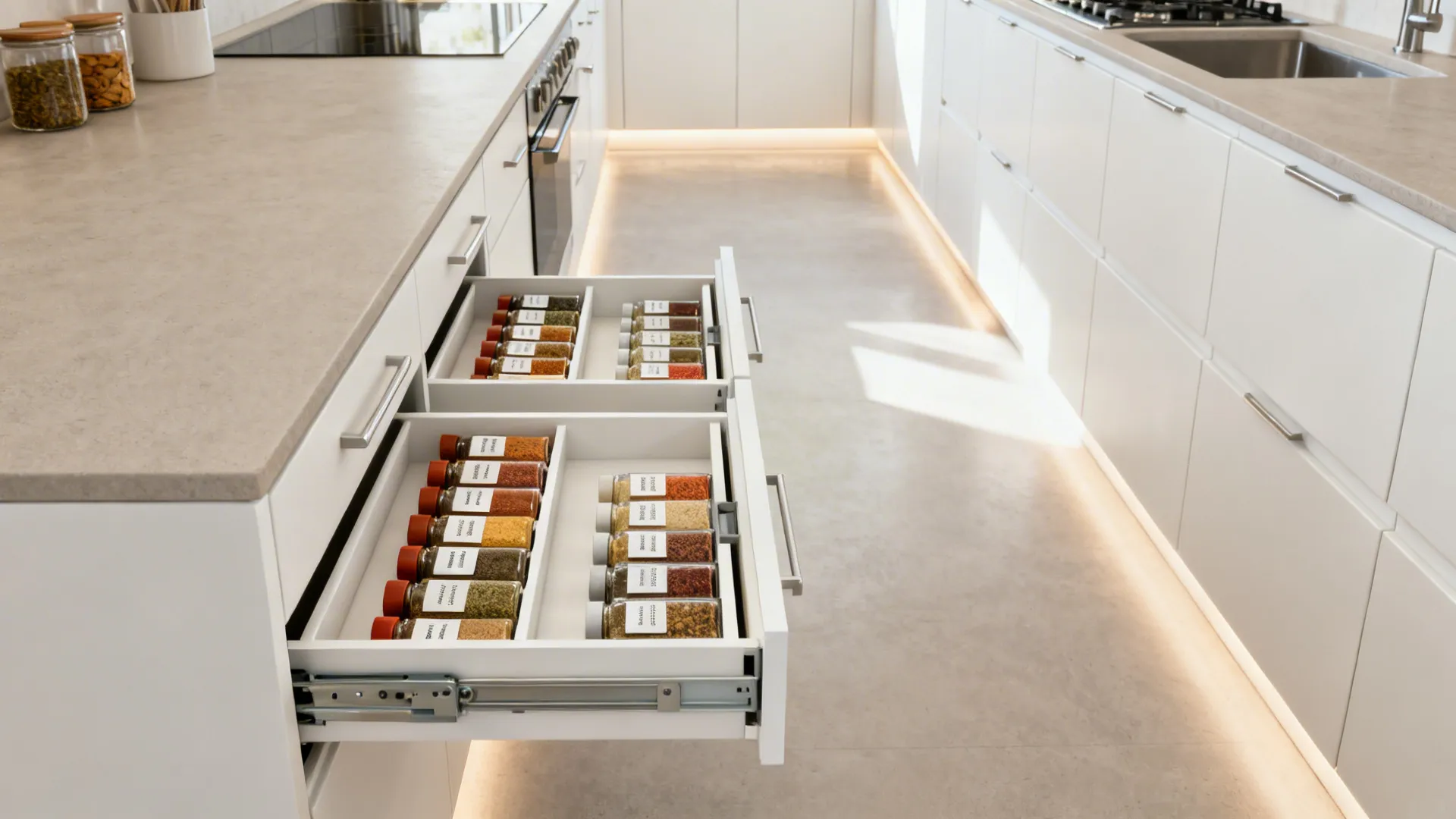 Shallow base cabinets with slim drawers preserve aisle width in a compact kitchen.