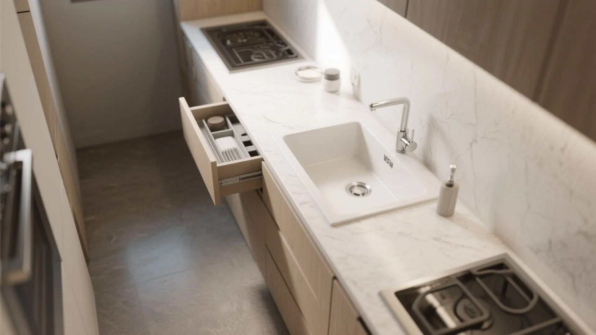 Top-down view of a shallow white undermount basin in a narrow galley kitchen showing efficient use of space.