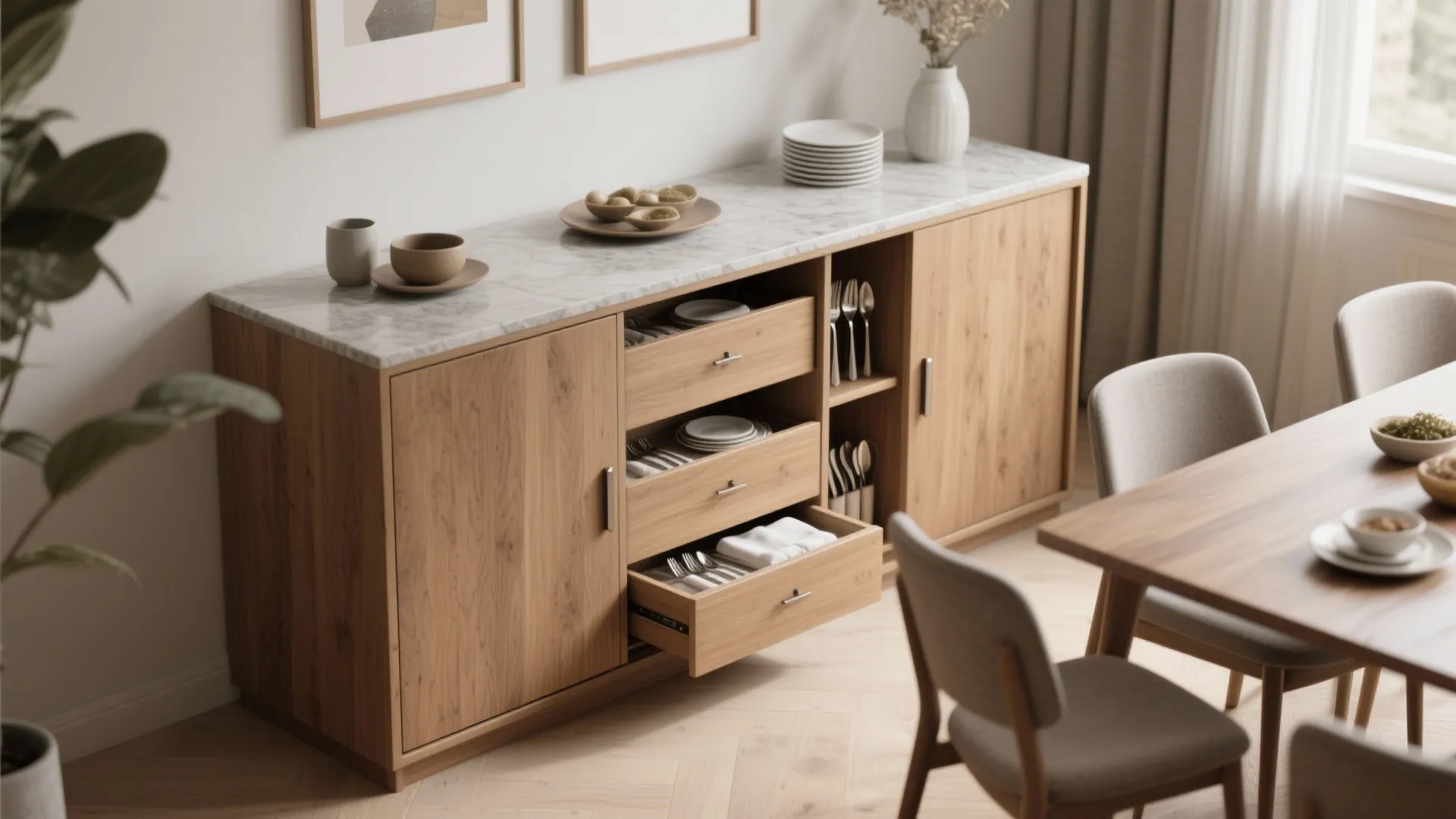 Shallow buffet with hidden drawers