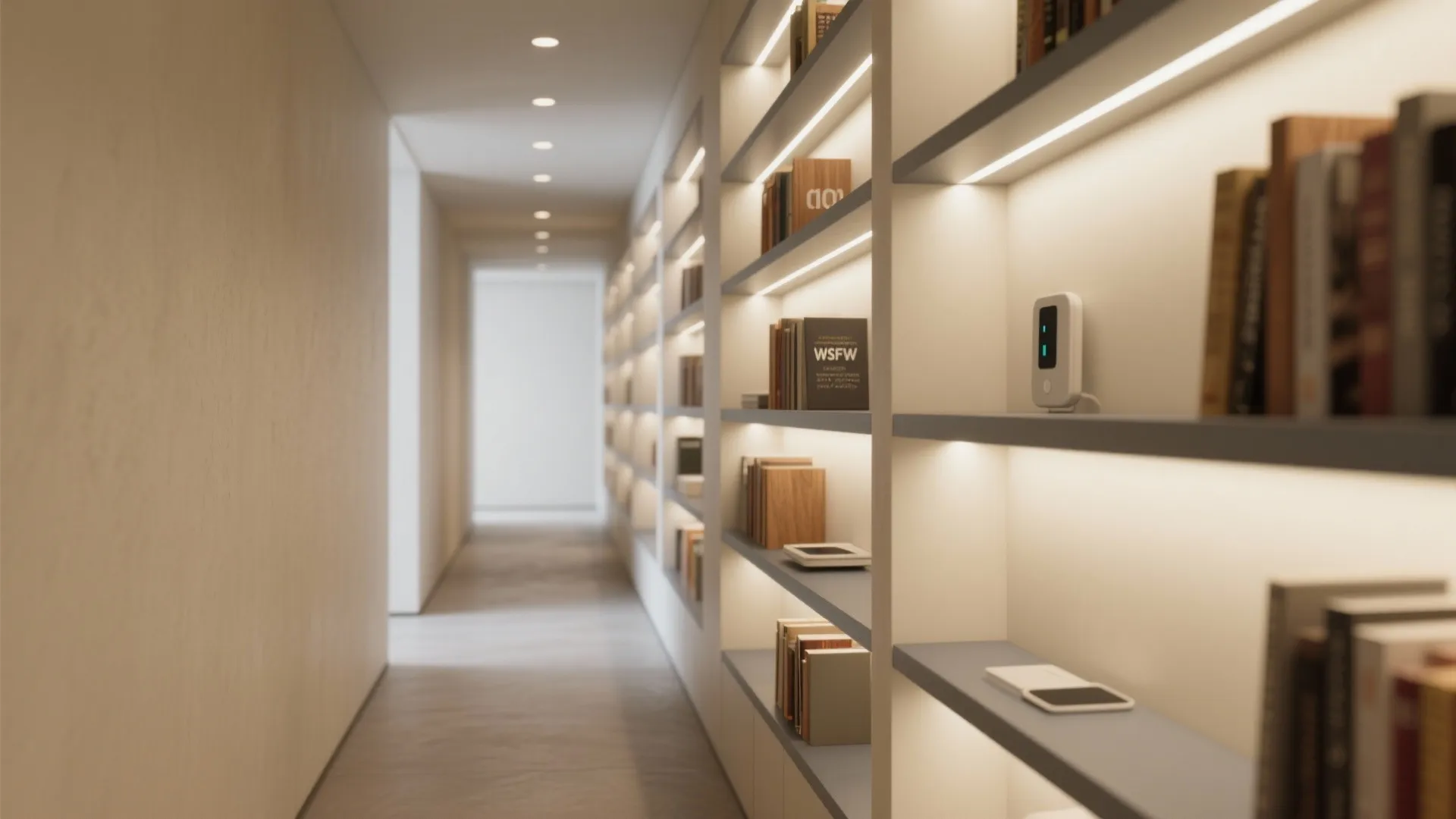 Minimalist hallway featuring white wall shelves with books and built-in lighting for a warm atmosphere