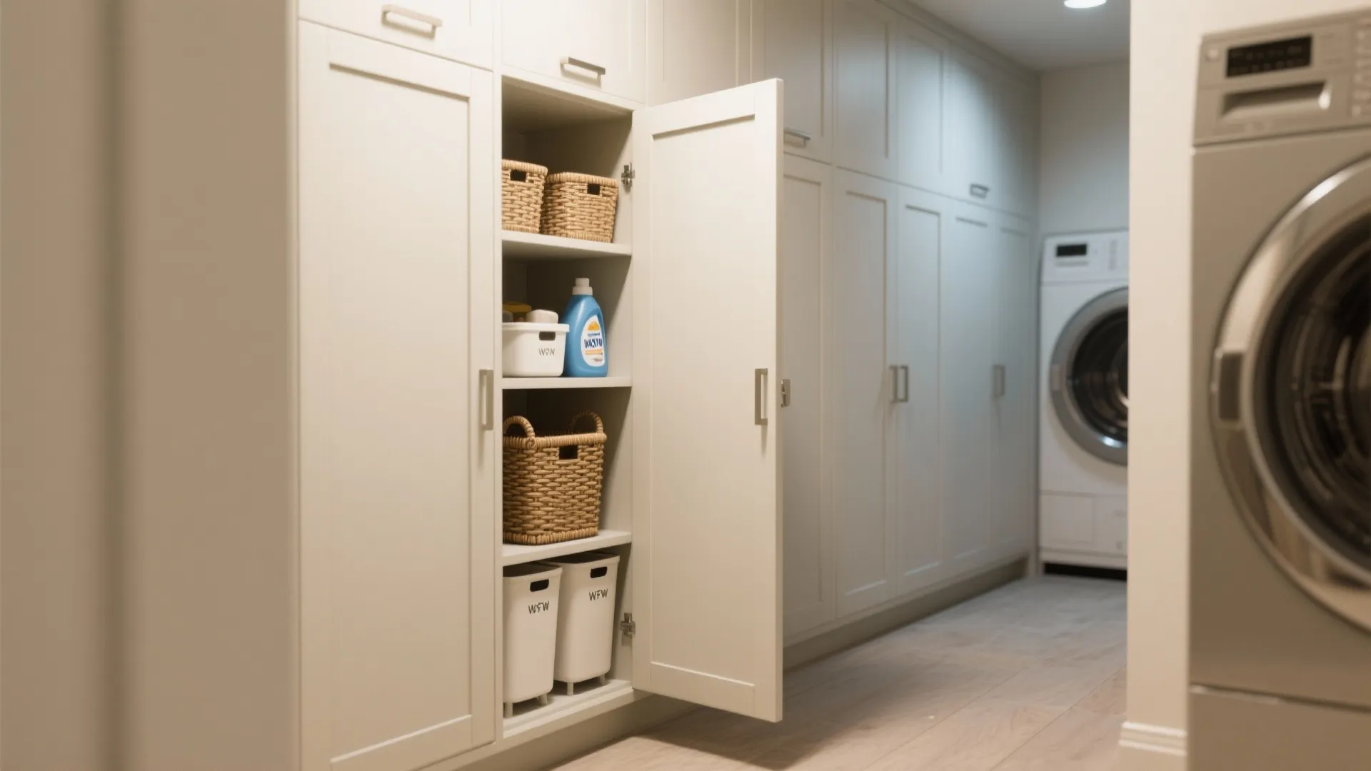 2. Use shallow, full-height cabinets for hidden storage