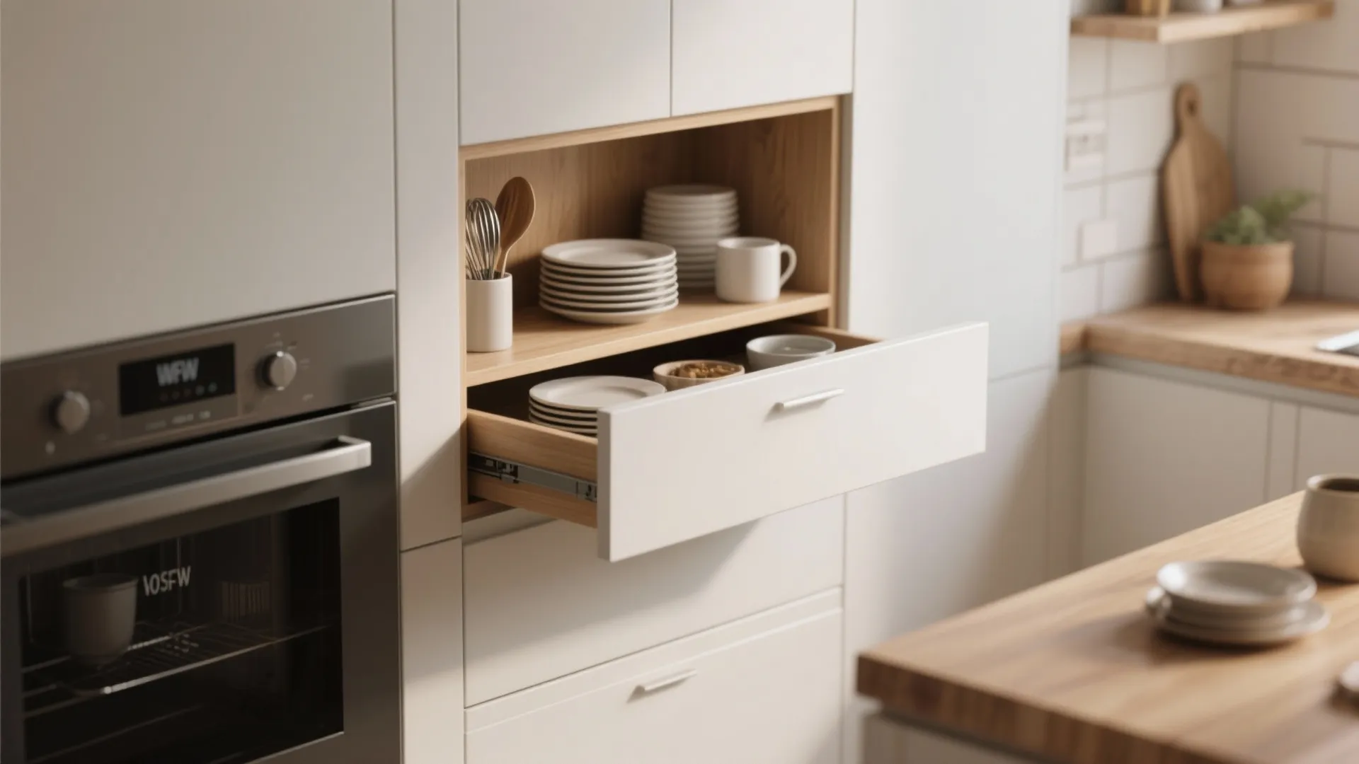 White kitchen cabinet featuring open wood shelving with plates and an open drawer near oven
