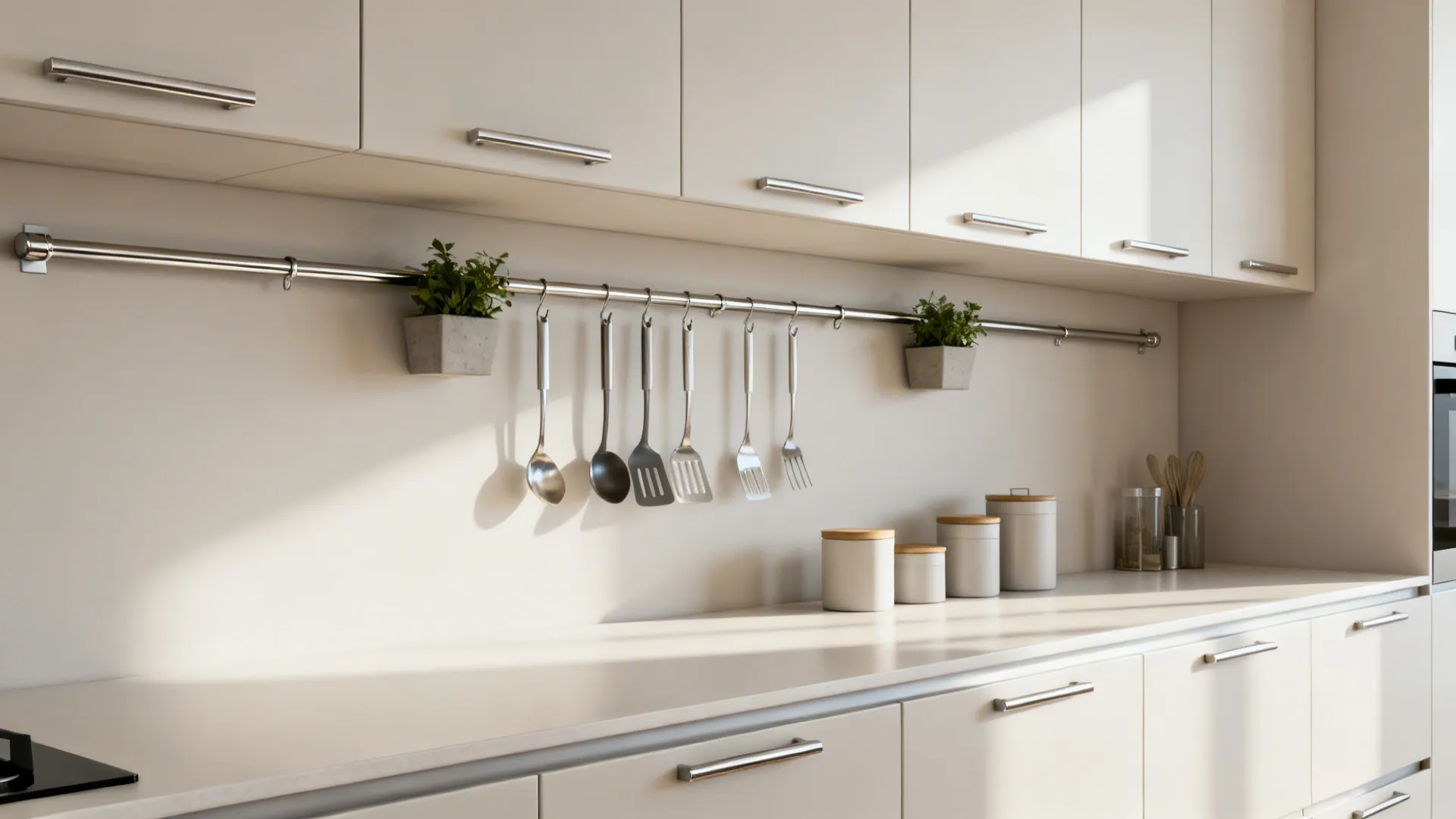 Shallow upper cabinets with a stainless rail holding utensils, creating a clean horizontal kitchen line.