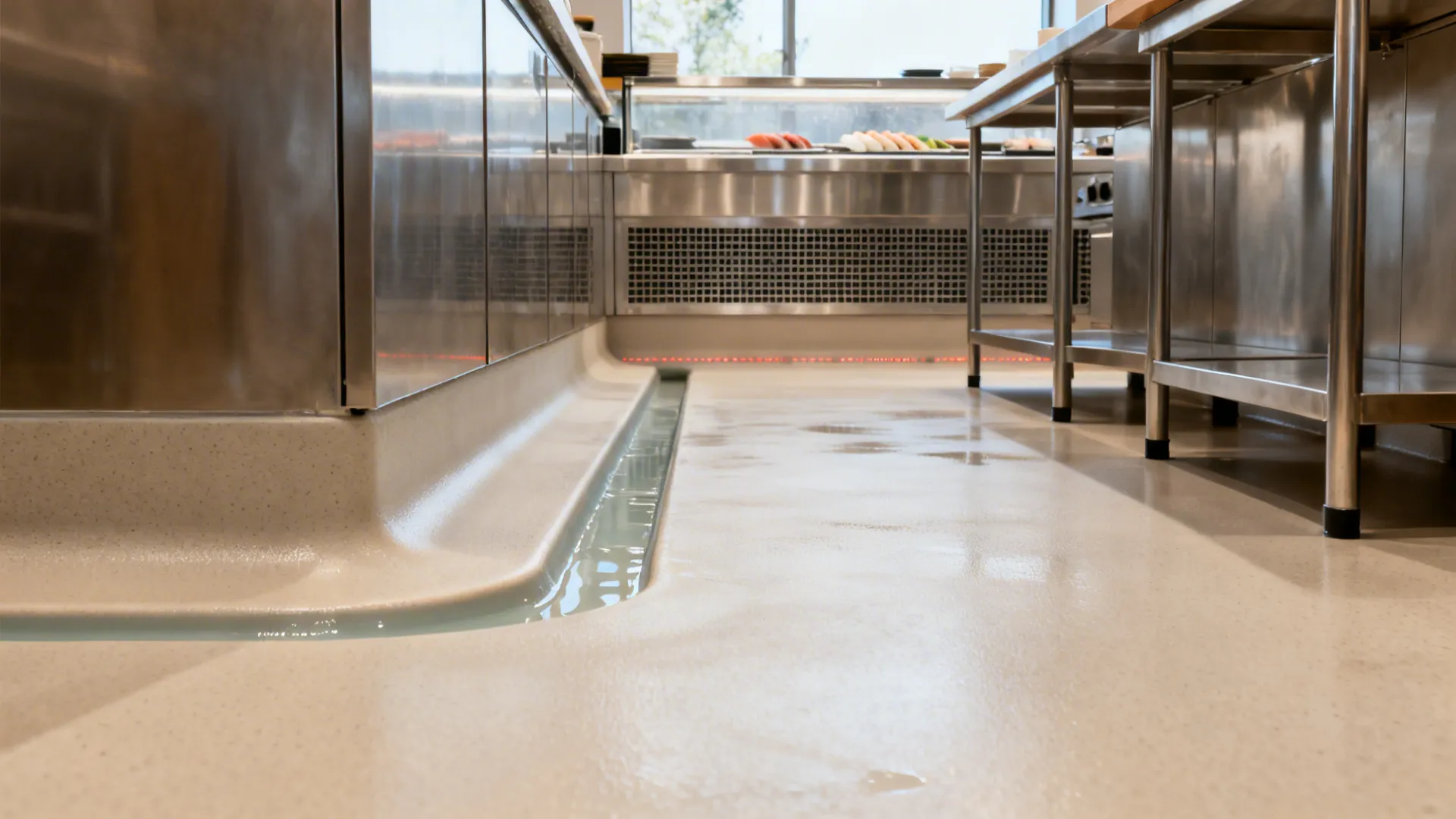 Epoxy floor with gentle slope leading to a shallow stainless channel behind the line in a compact kitchen.