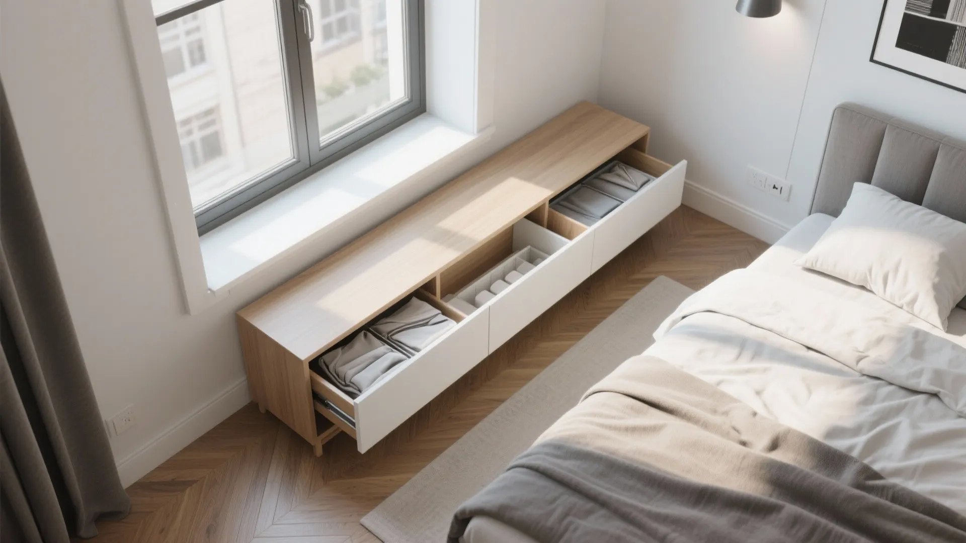 Low wooden cabinet with white drawers open showing folded clothes inside a bright modern bedroom
