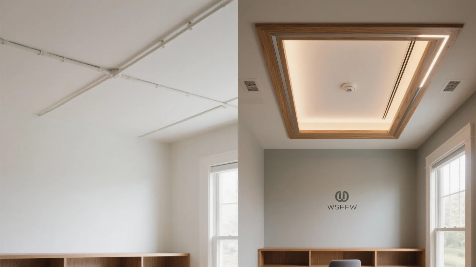 Comparison showing a plain white ceiling versus a modern wood frame ceiling with built-in lights
