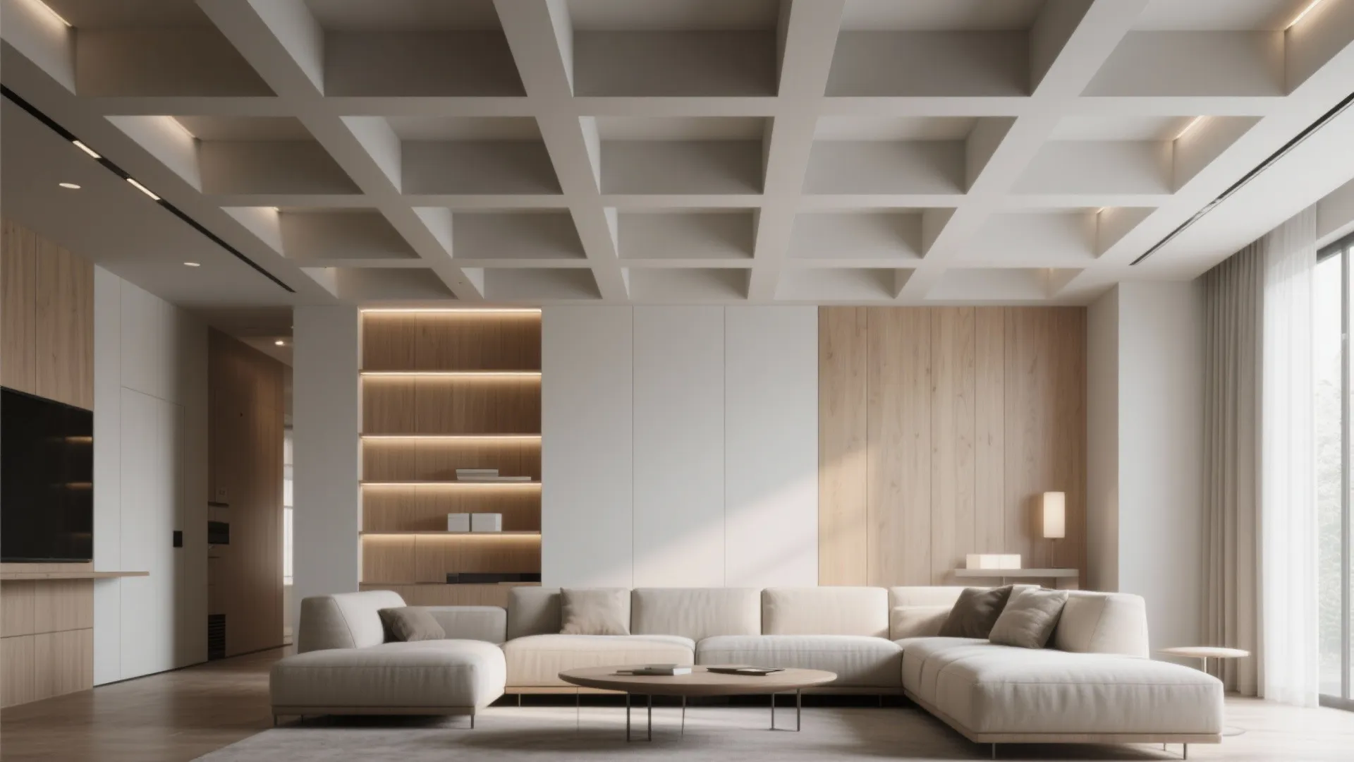 Modern living room featuring a grid ceiling design with cream sofa and wooden wall panels