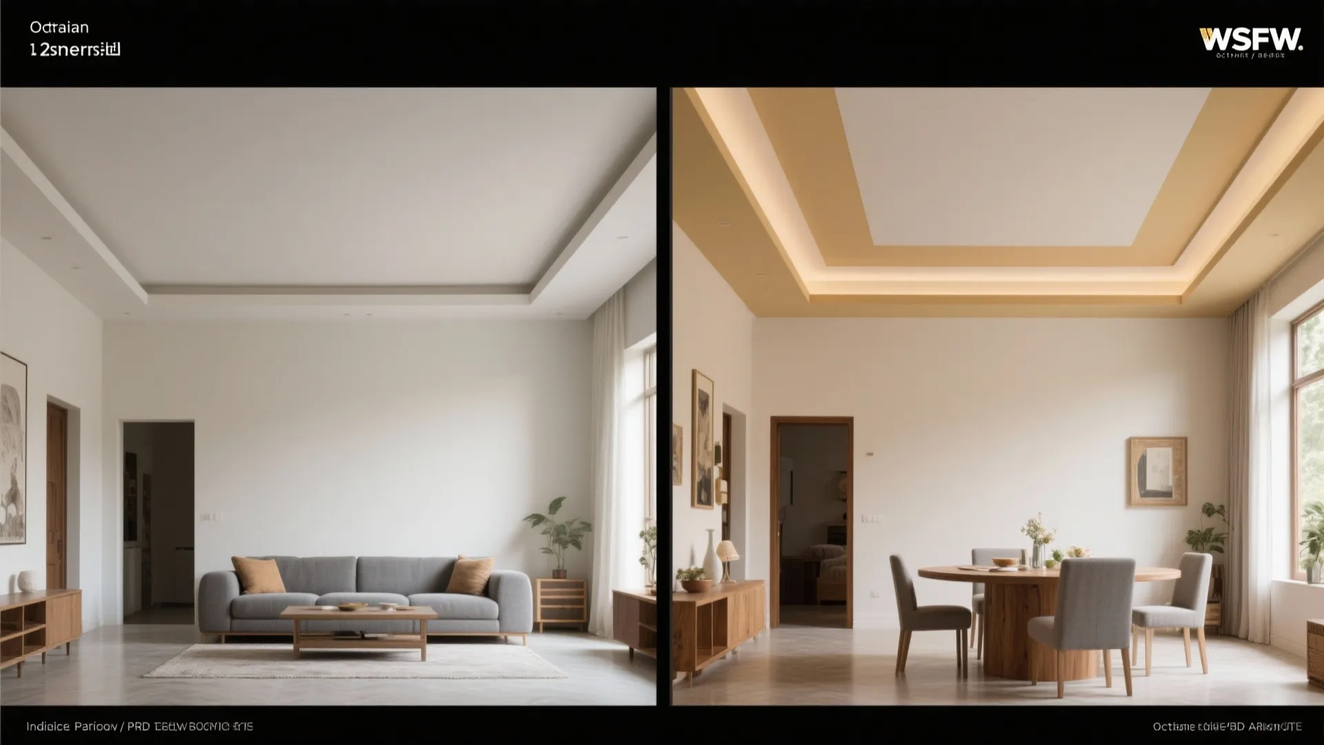 Stepped paint or shallow coffers to zone living + dining