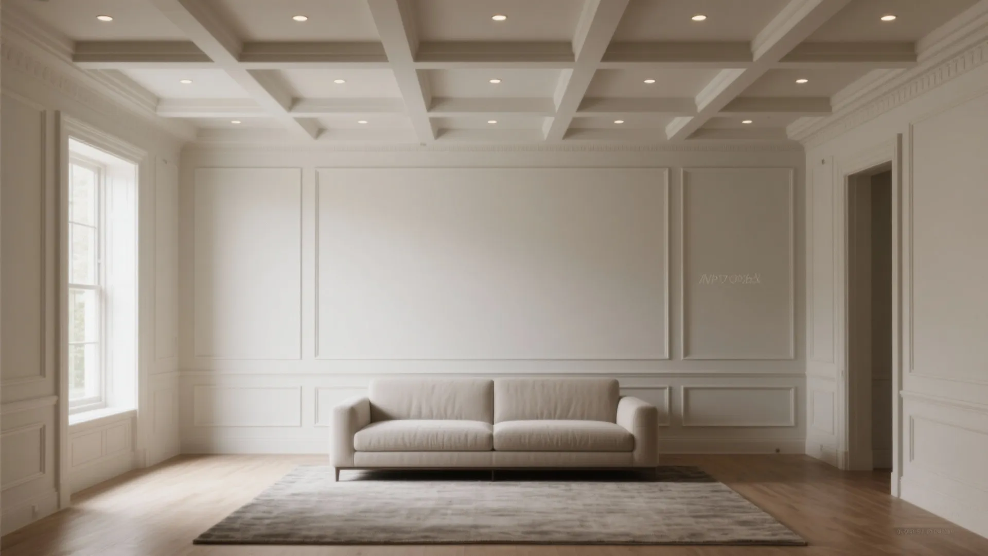 Elegant white room featuring grid ceiling design with small lights above a simple cream sofa