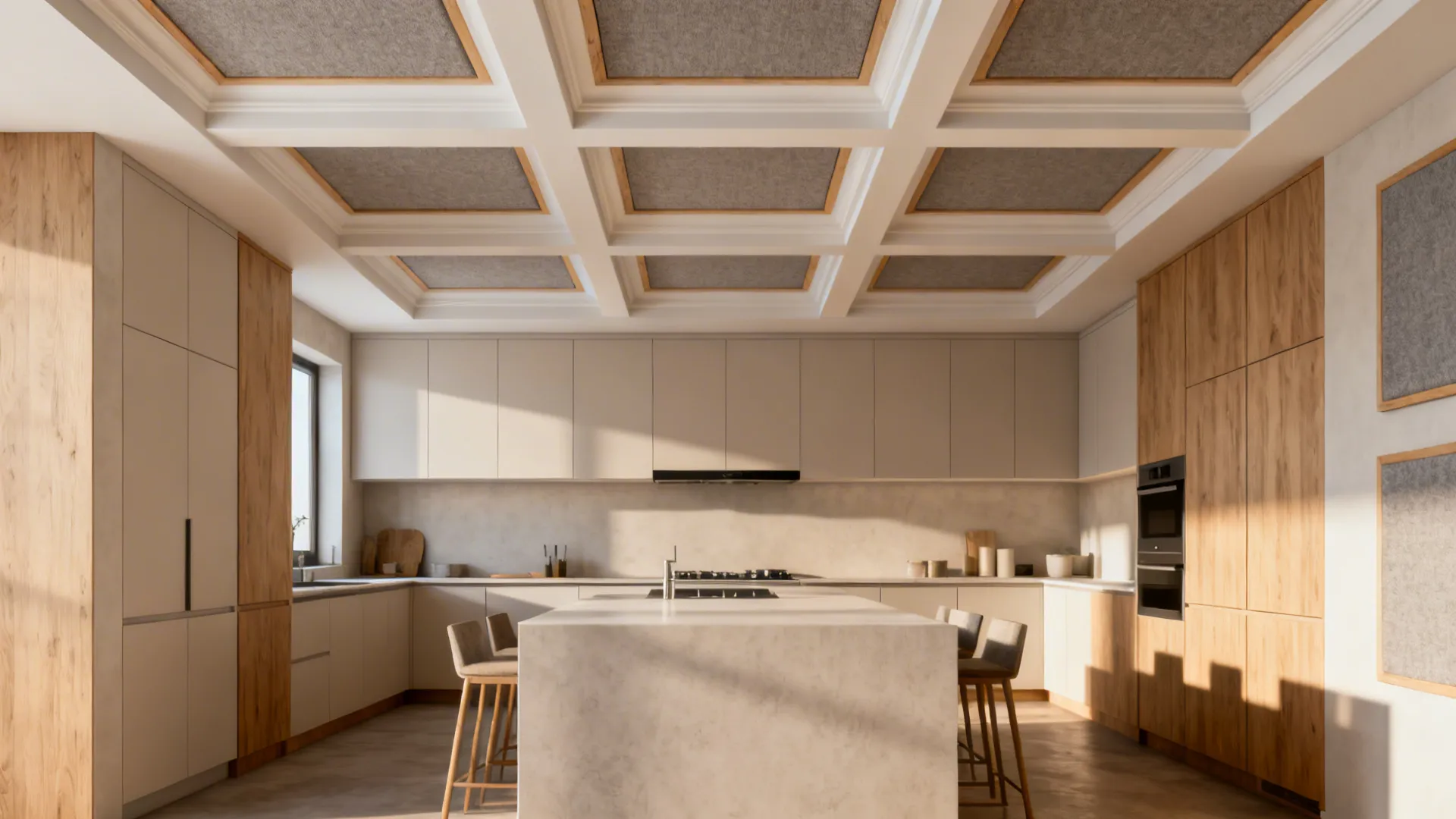 Shallow coffered kitchen ceiling with acoustic felt insets aligned to cabinets, creating a calm, tailored look.