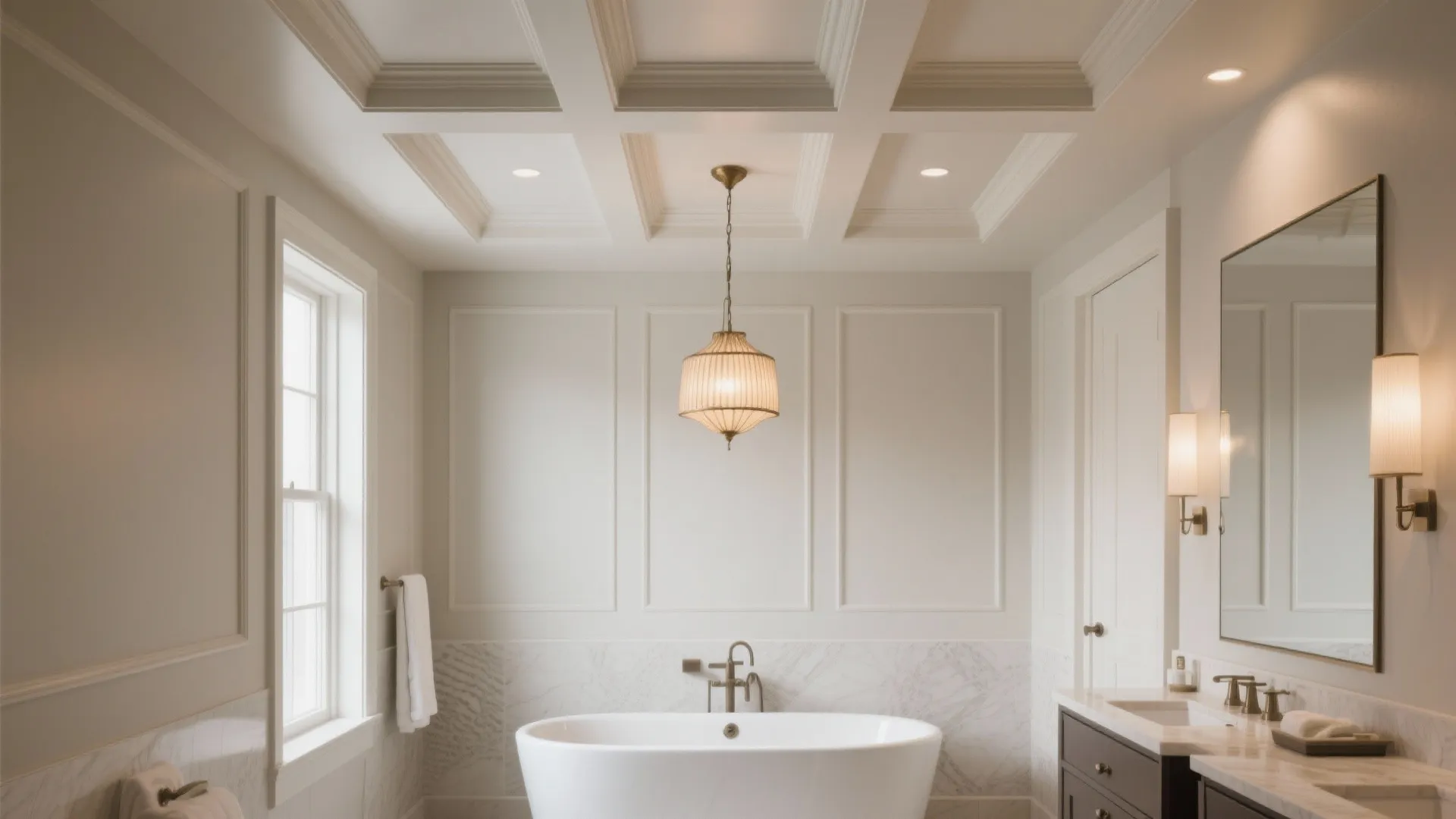 Elegant bathroom with white bathtub and wall panel plus a grid ceiling and hanging light