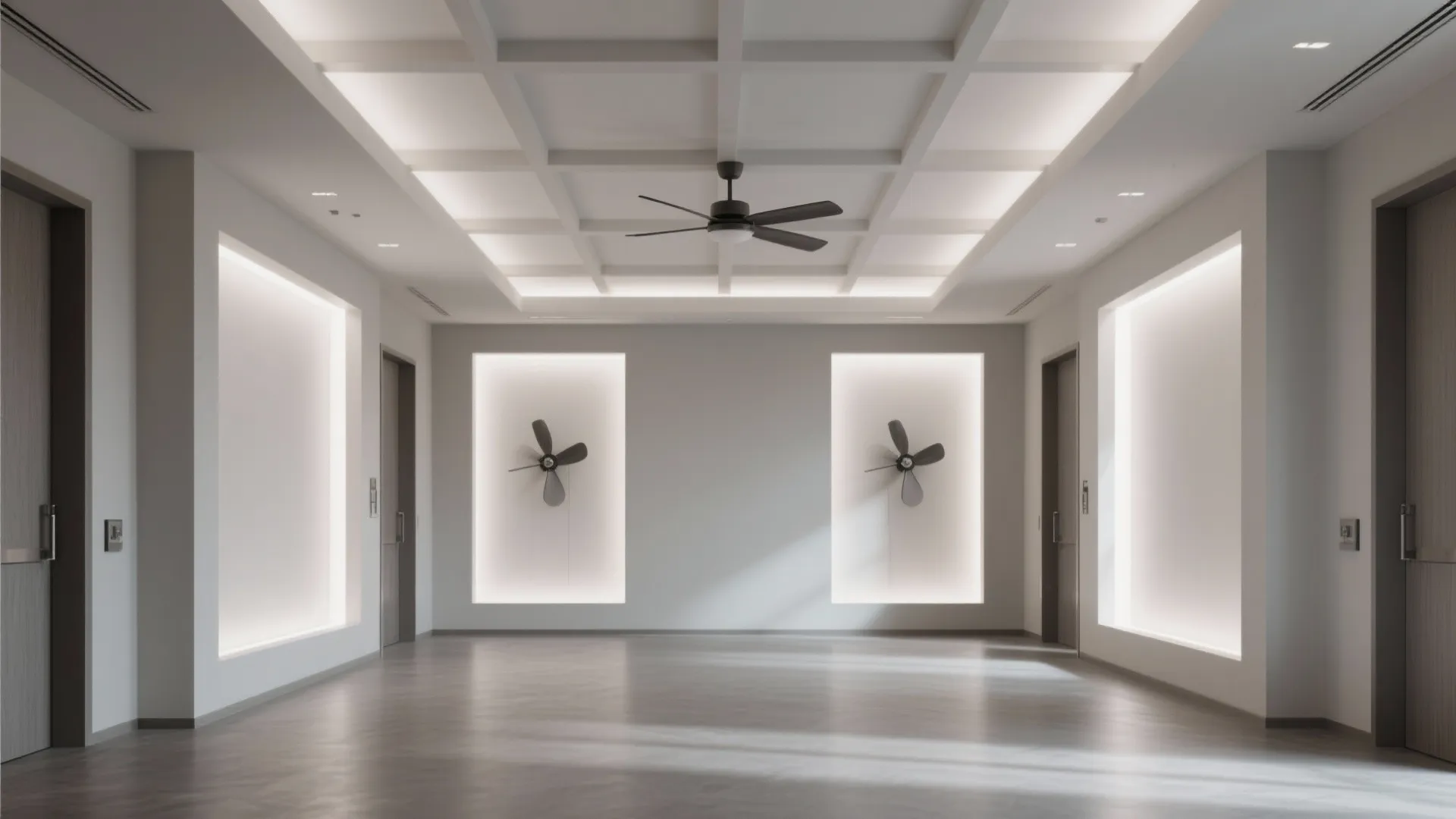 Shallow coffer grid ceiling with two fan bays and softly lit adjacent coffers in a modern hall.