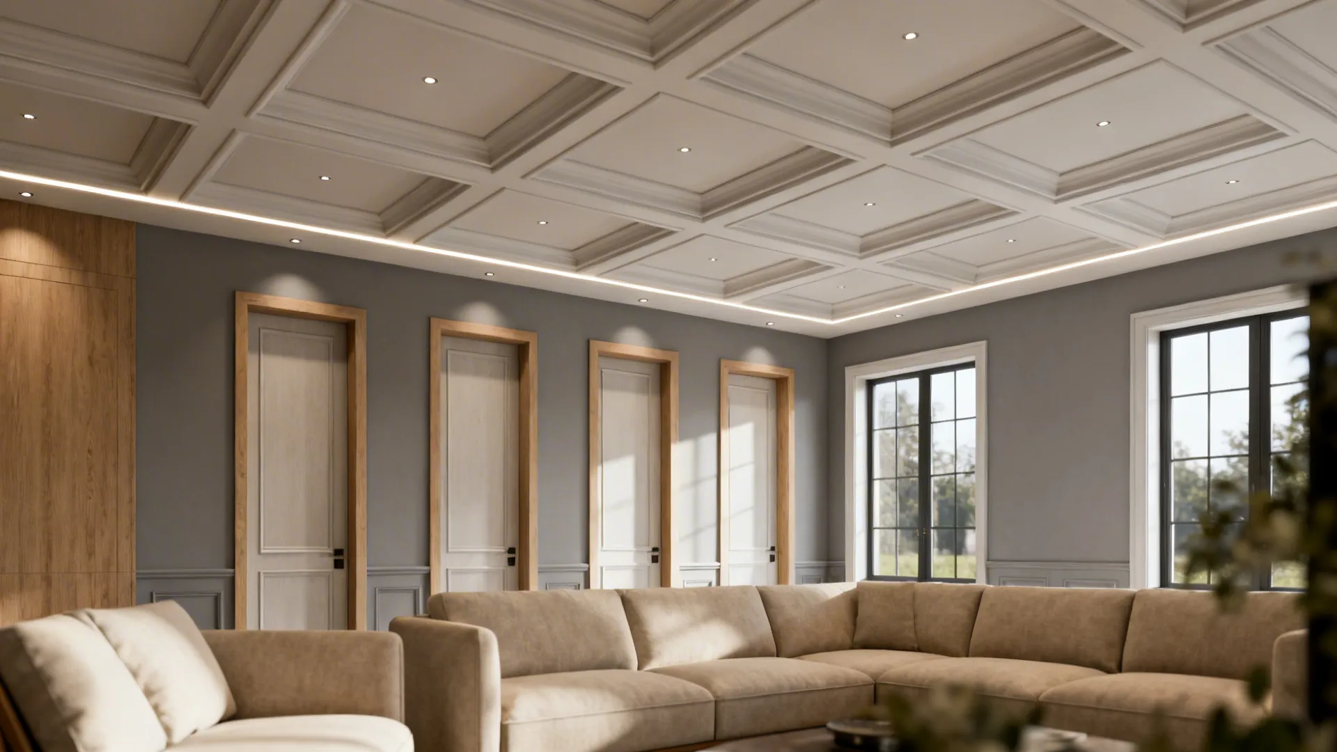 Shallow coffered grid ceiling with 3–4 ft bays and discreet LED spots.
