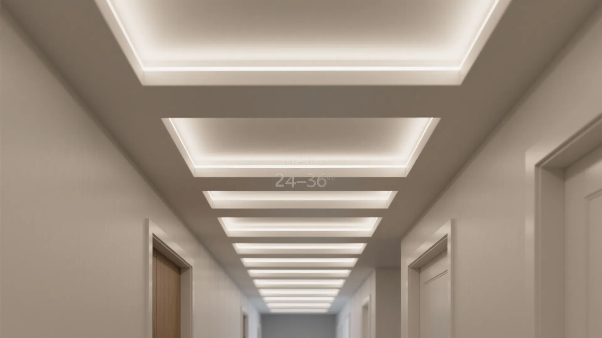 Top-down view of shallow coffer lines with linear lights on a modern hallway ceiling.