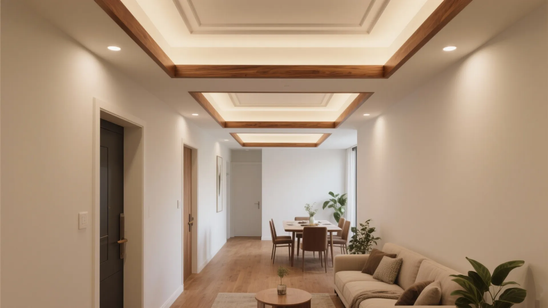 4) Coffered Gyproc Ceiling with Warm Wood Accents