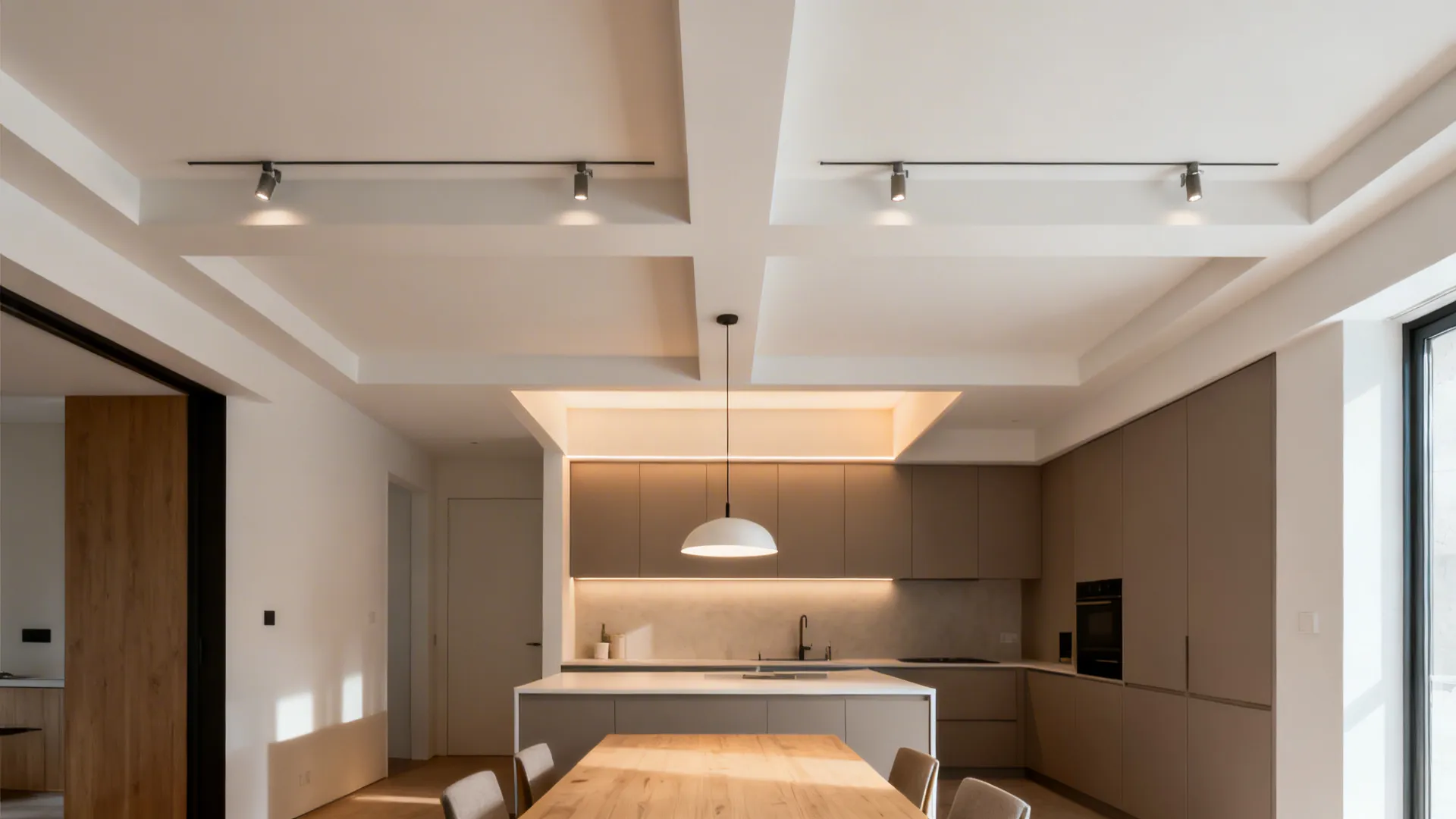 Modern kitchen with wooden table island beige cabinets and white ceiling featuring several black track lights