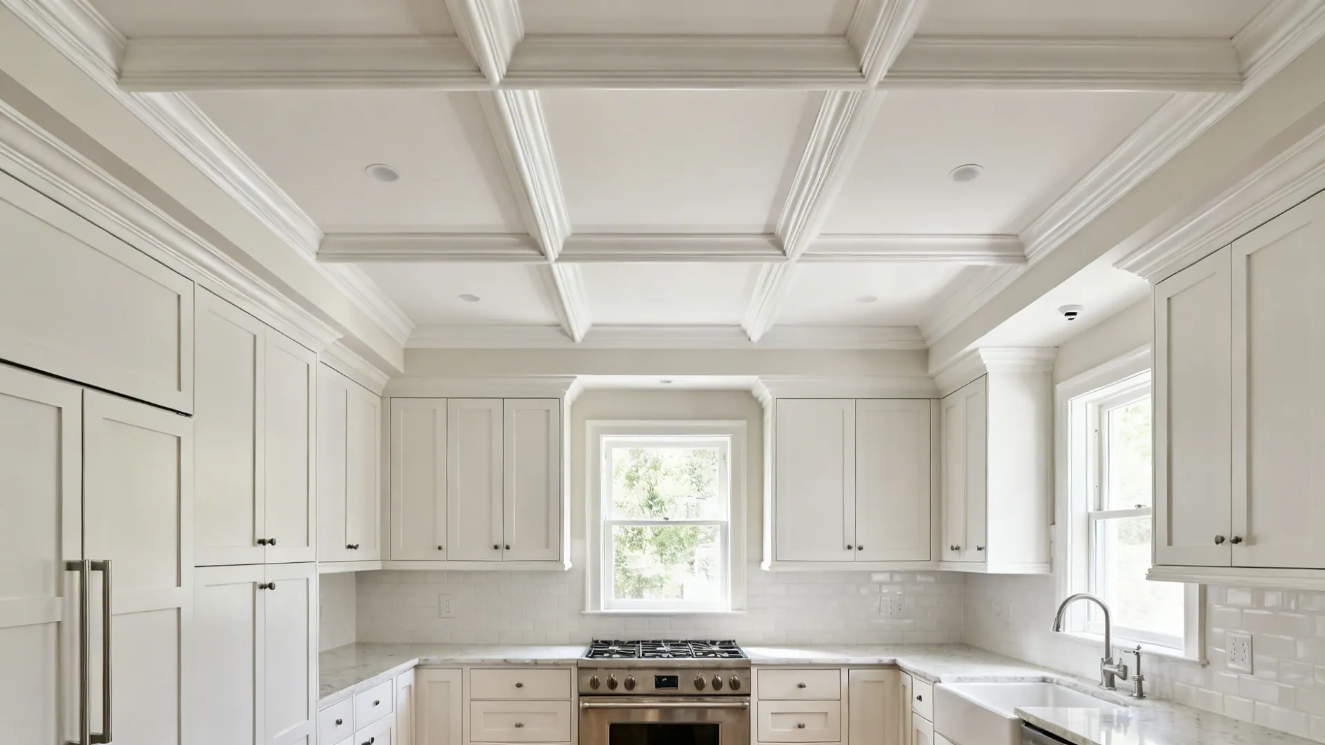 Small transitional kitchen with a shallow white coffered ceiling grid.