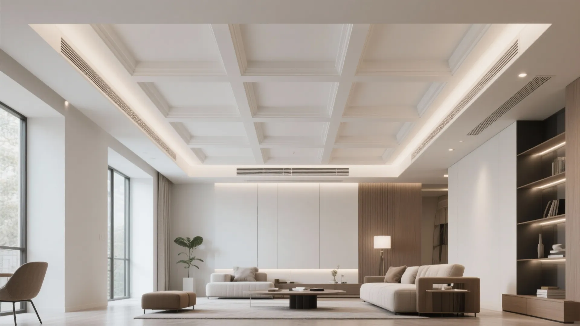 Large modern living room with grid ceiling white sofa wooden wall panel and big windows