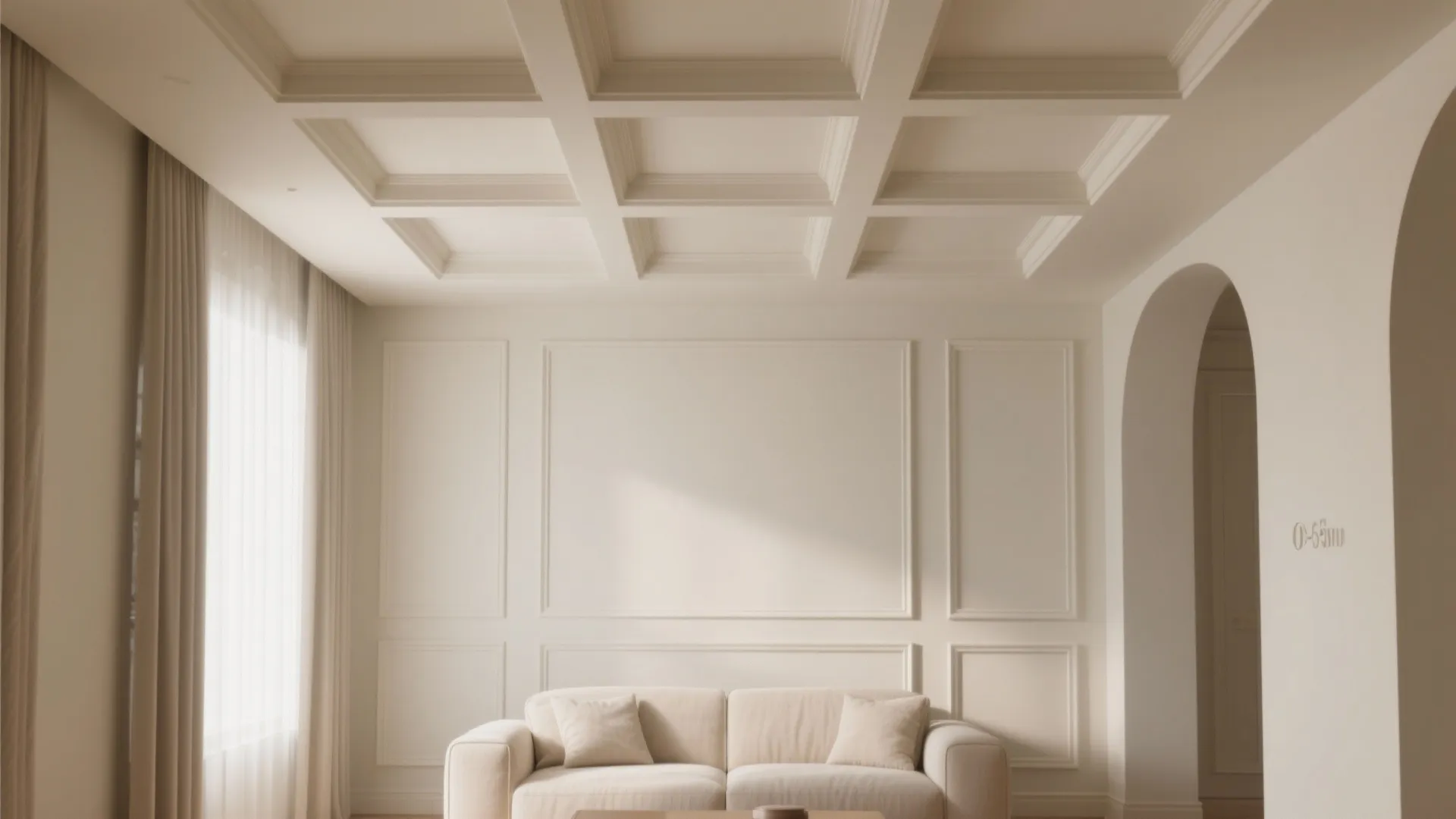 Cream colored living room with square grid ceiling design beige sofa and wall panel molding