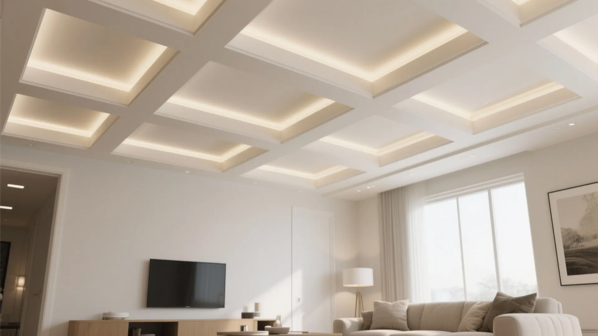 2) Low-profile coffered beams for subtle structure