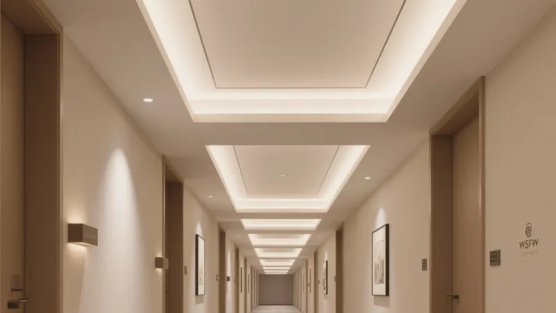 Modern Hotel Corridor Design with Layered Lighting