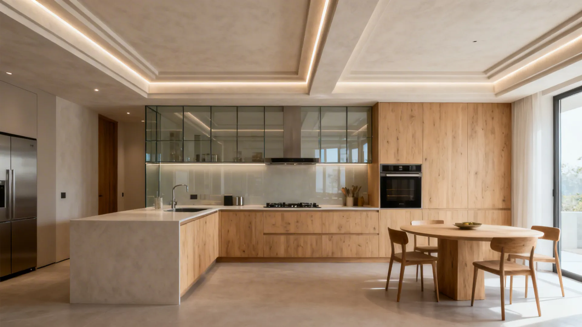 Open studio kitchen with shallow coffered plaster bands that subtly zone cook and dining areas.