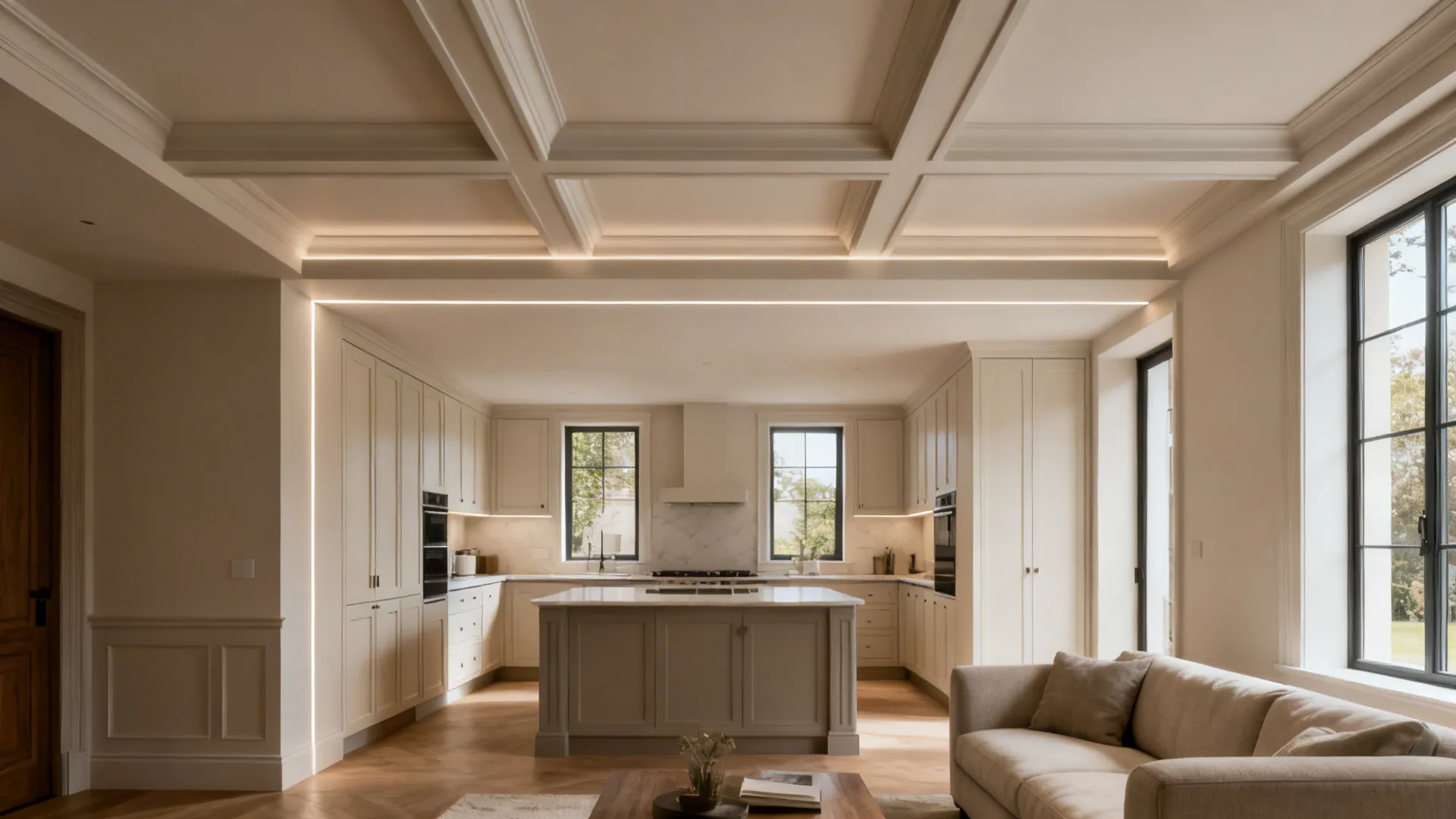 A shallow coffer grid aligns with furniture, adding gentle structure to a compact kitchen-living room.