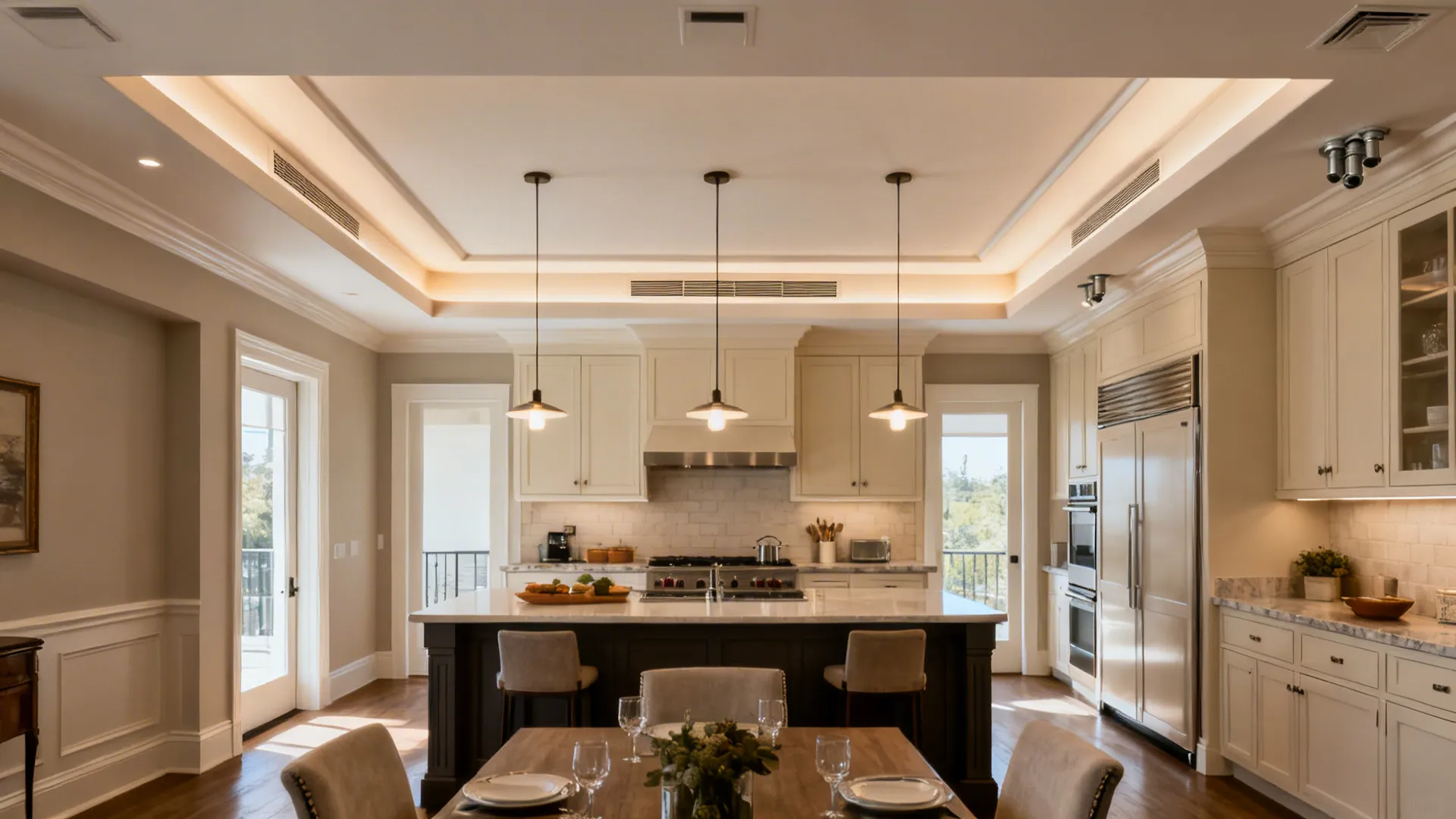 Open kitchen with shallow coffers over the island and flush ceiling over the cookline.