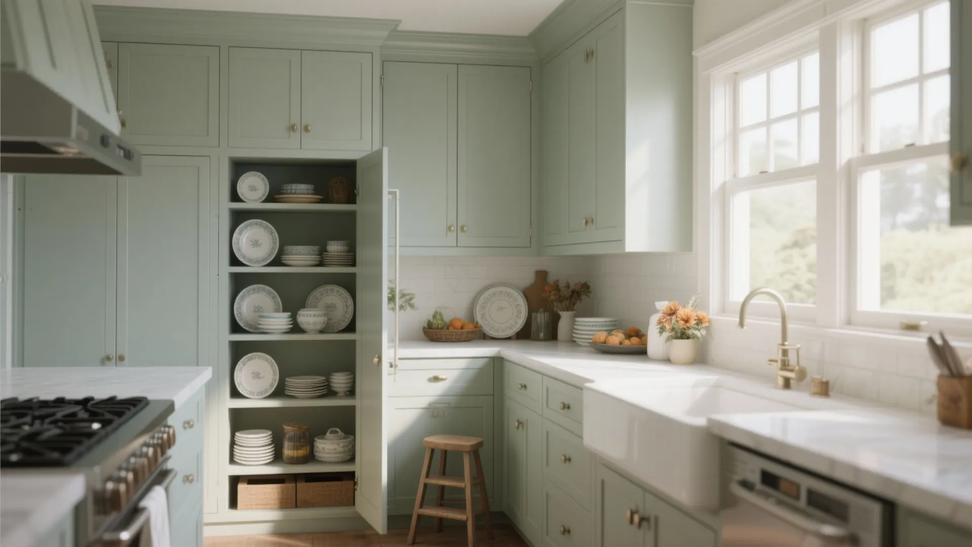 Shallow crown cabinets above kitchen with matching doors and organized platters