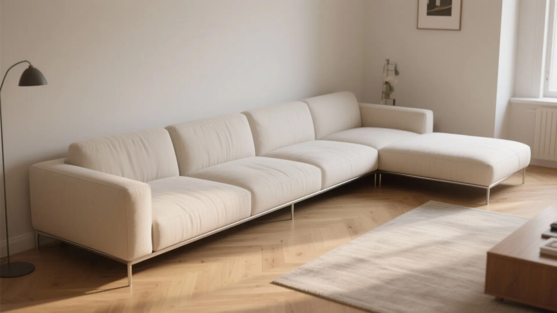 Long white sectional sofa on wooden floor with grey wall light and soft natural sunlight indoor