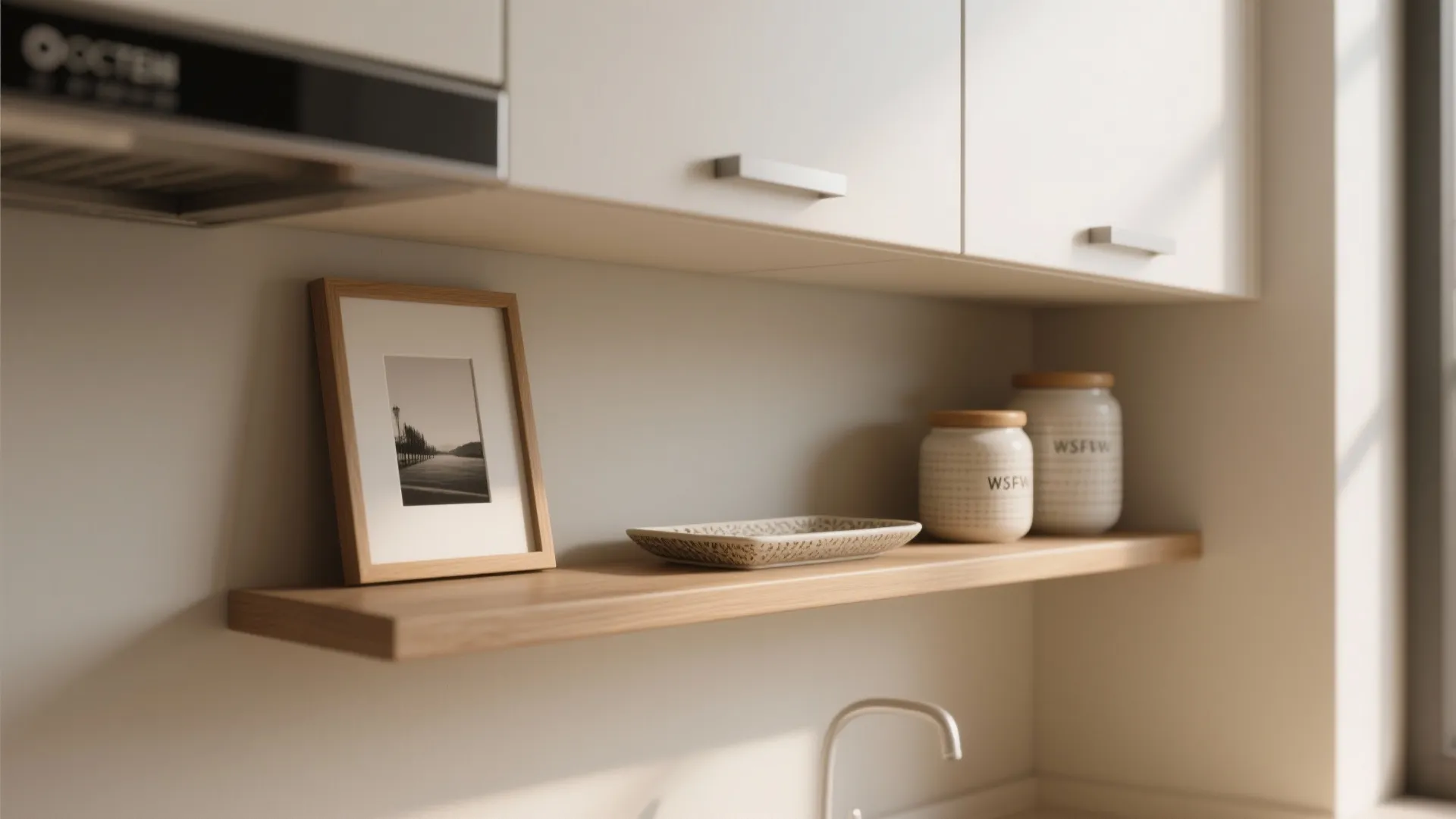 Close-up of a slim shelf above cabinets with jars and a framed print