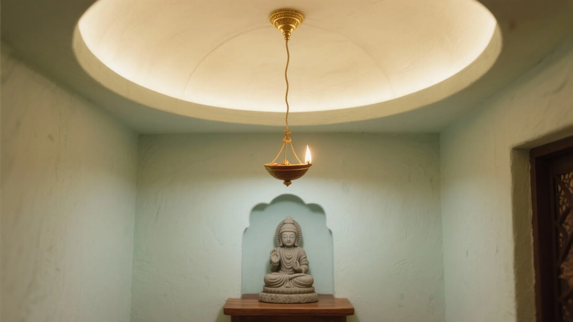 Stone statue in a wall niche under a round ceiling light and hanging small oil lamp