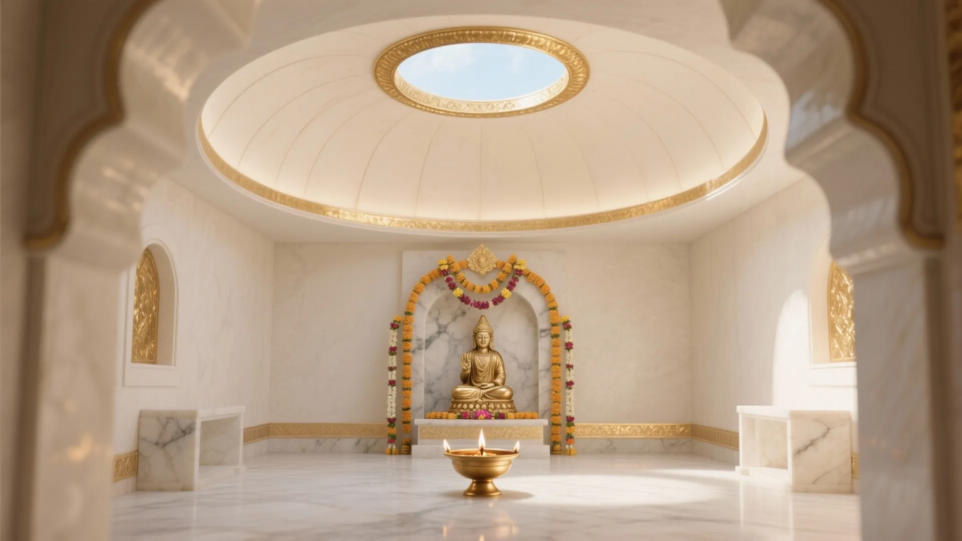 Golden statue in a white marble room with floral garlands and a bright round dome