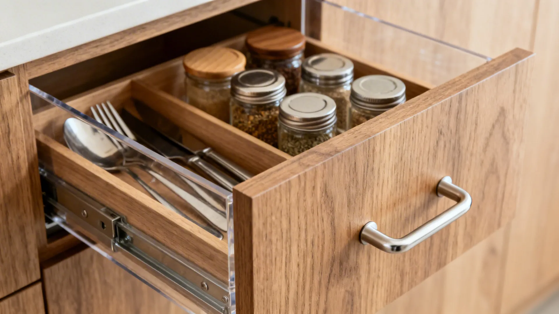 Macro of a matte oak shallow drawer with clear side panel and organized utensils for easy visibility.